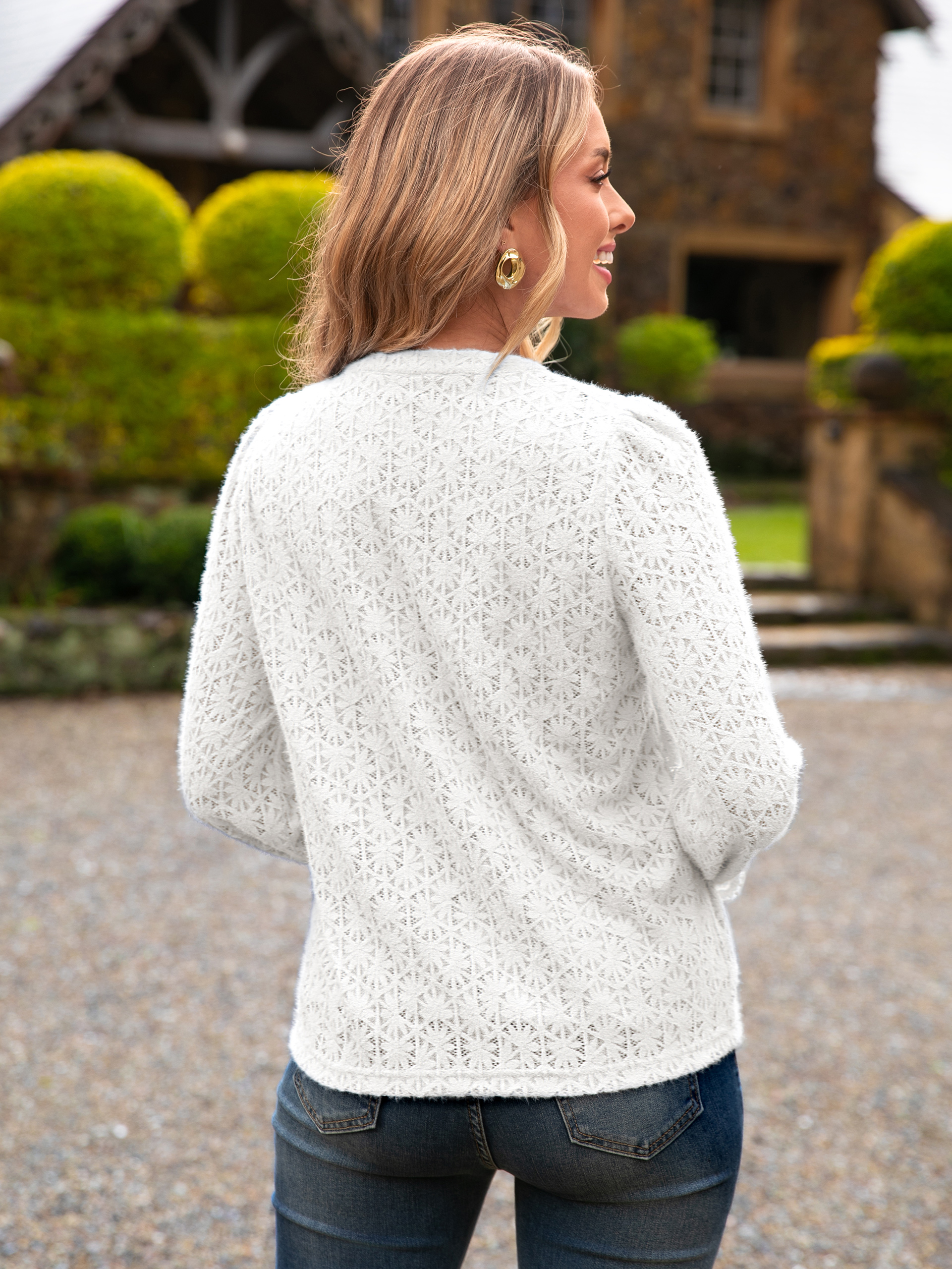 Lace Eyelet V Neck Long Sleeve Top - White