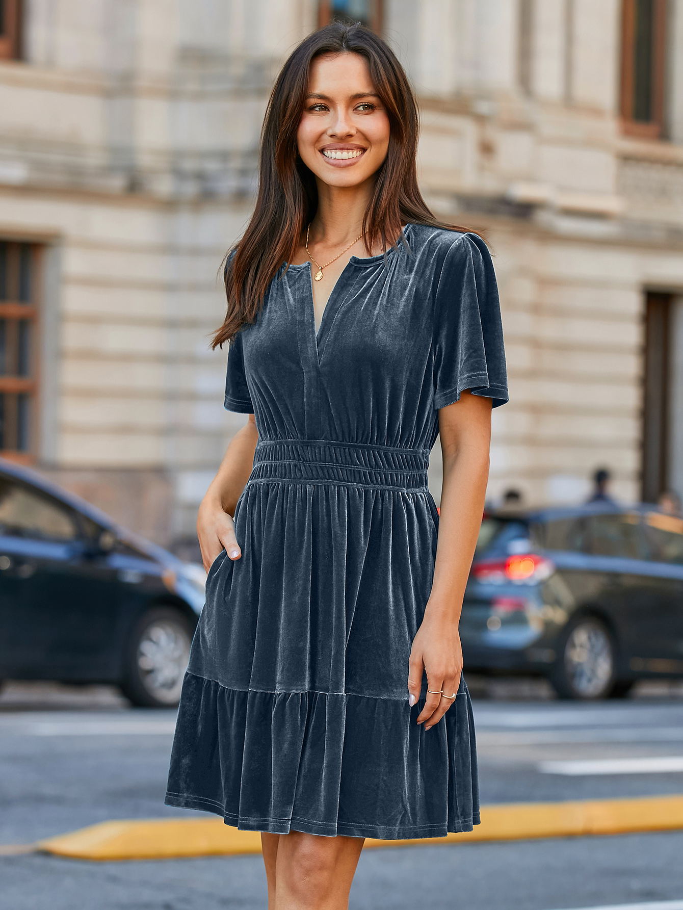 Glossy Velvet Cocktail Mini Dresses with Pockets - Blue Grey