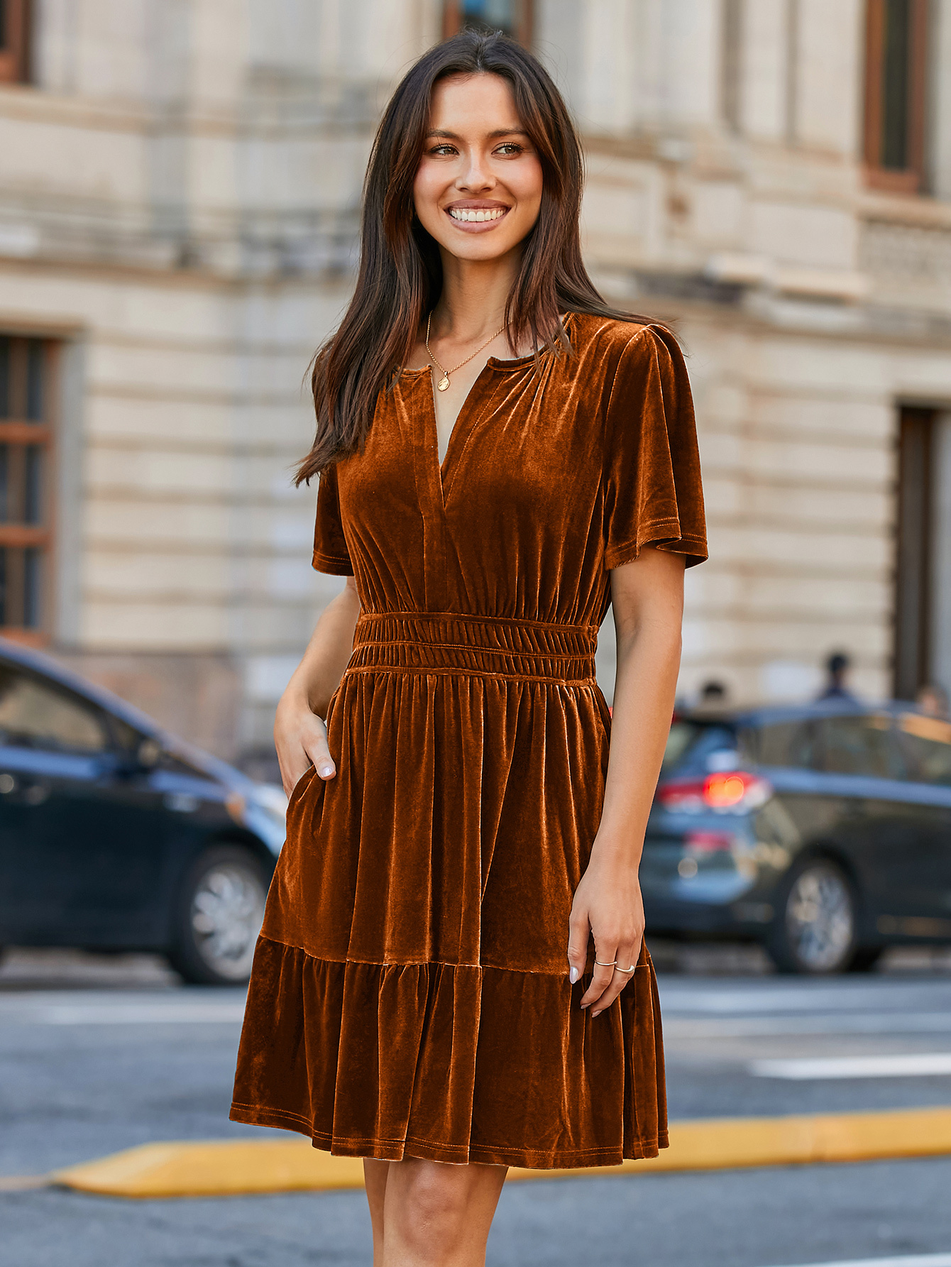 Glossy Velvet Cocktail Mini Dresses with Pockets - Burnt Orange