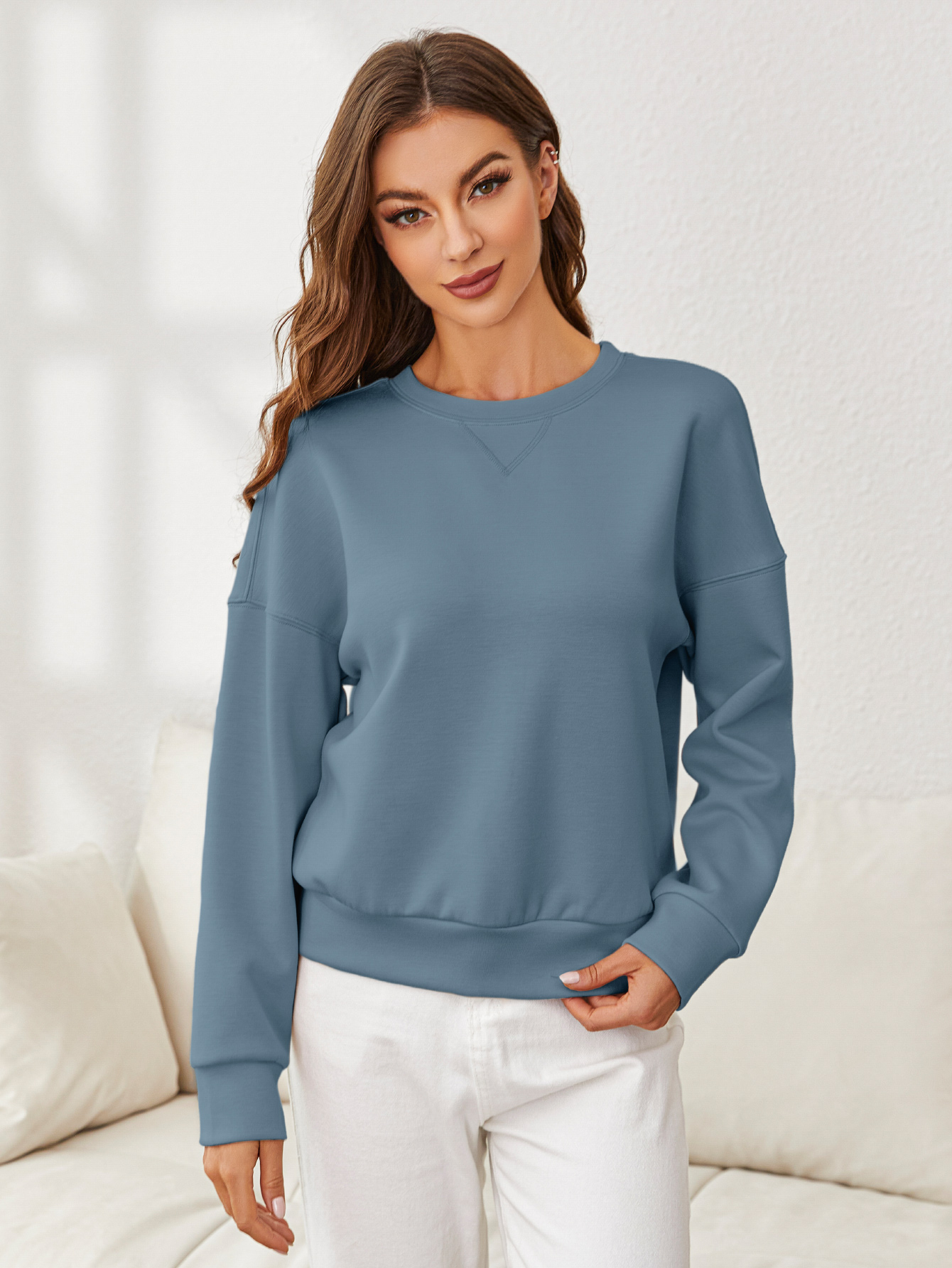 Solid Crewneck Long Sleeve Pullover Sweatshirt - Blue Grey