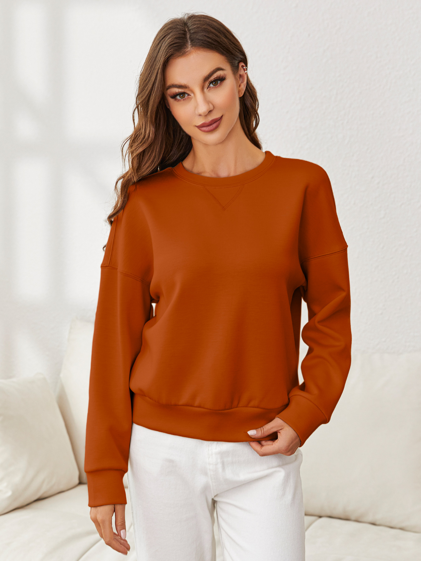 Solid Crewneck Long Sleeve Pullover Sweatshirt - Burnt Orange