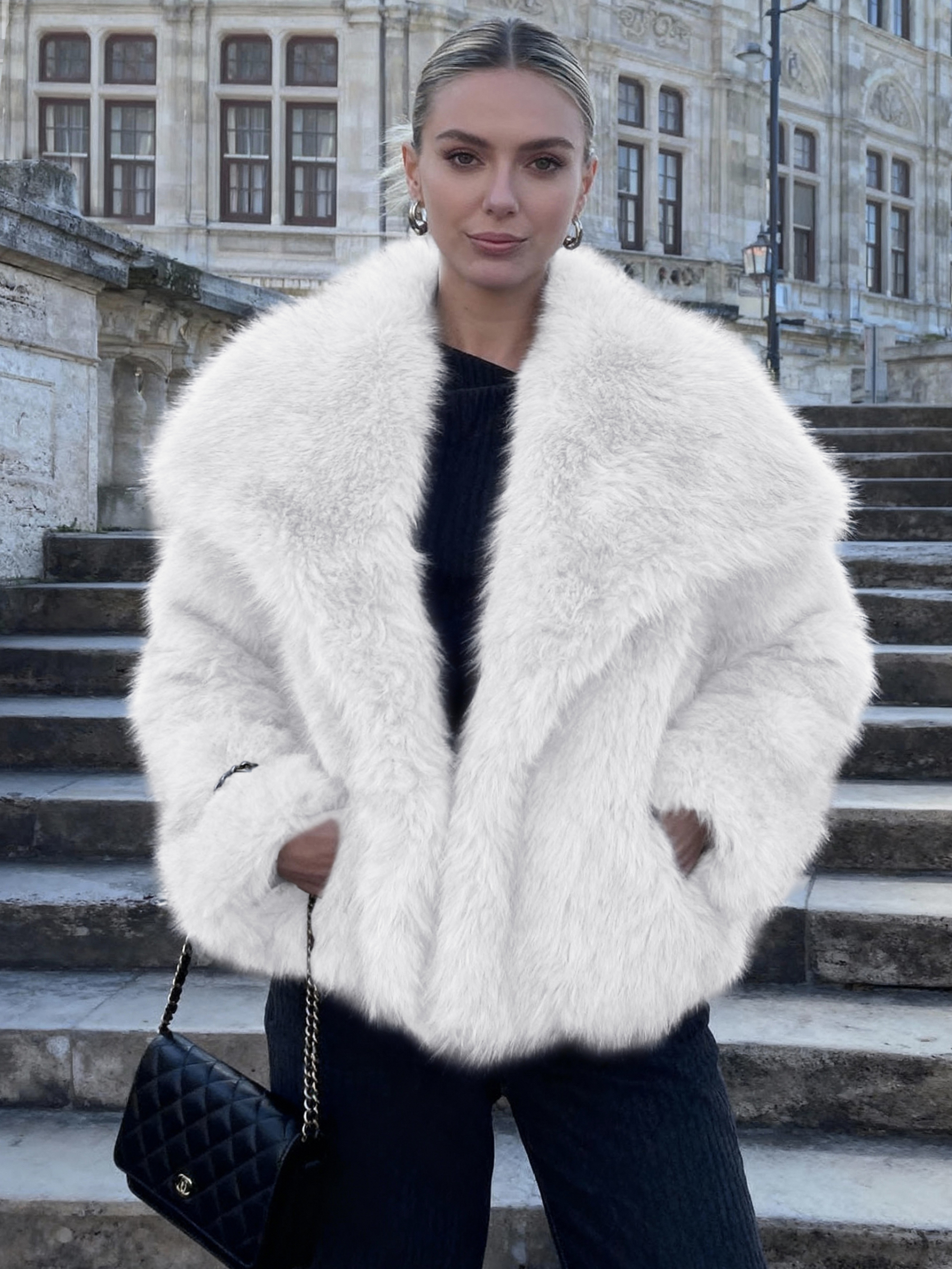 Luxurious Faux Fur Short Coat with Shawl Collar - White