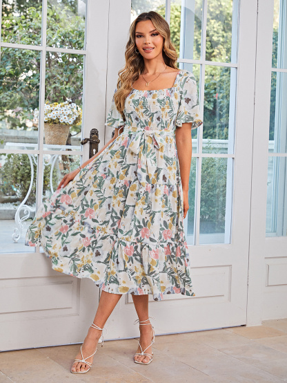 Floral Smocked Square Neck Short Sleeve Midi Dress