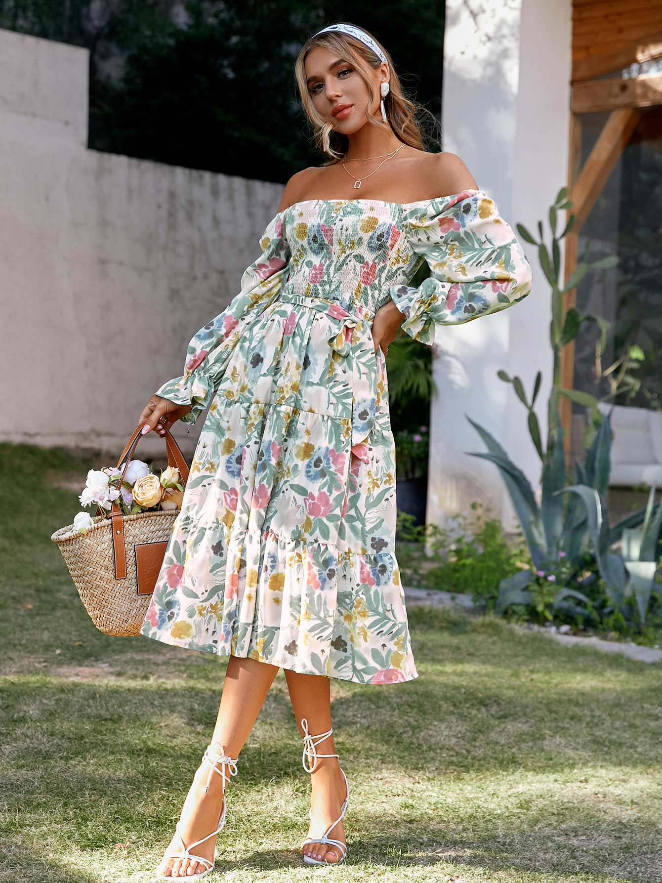 Floral Square Neck Long Sleeve Tiered Midi Dress