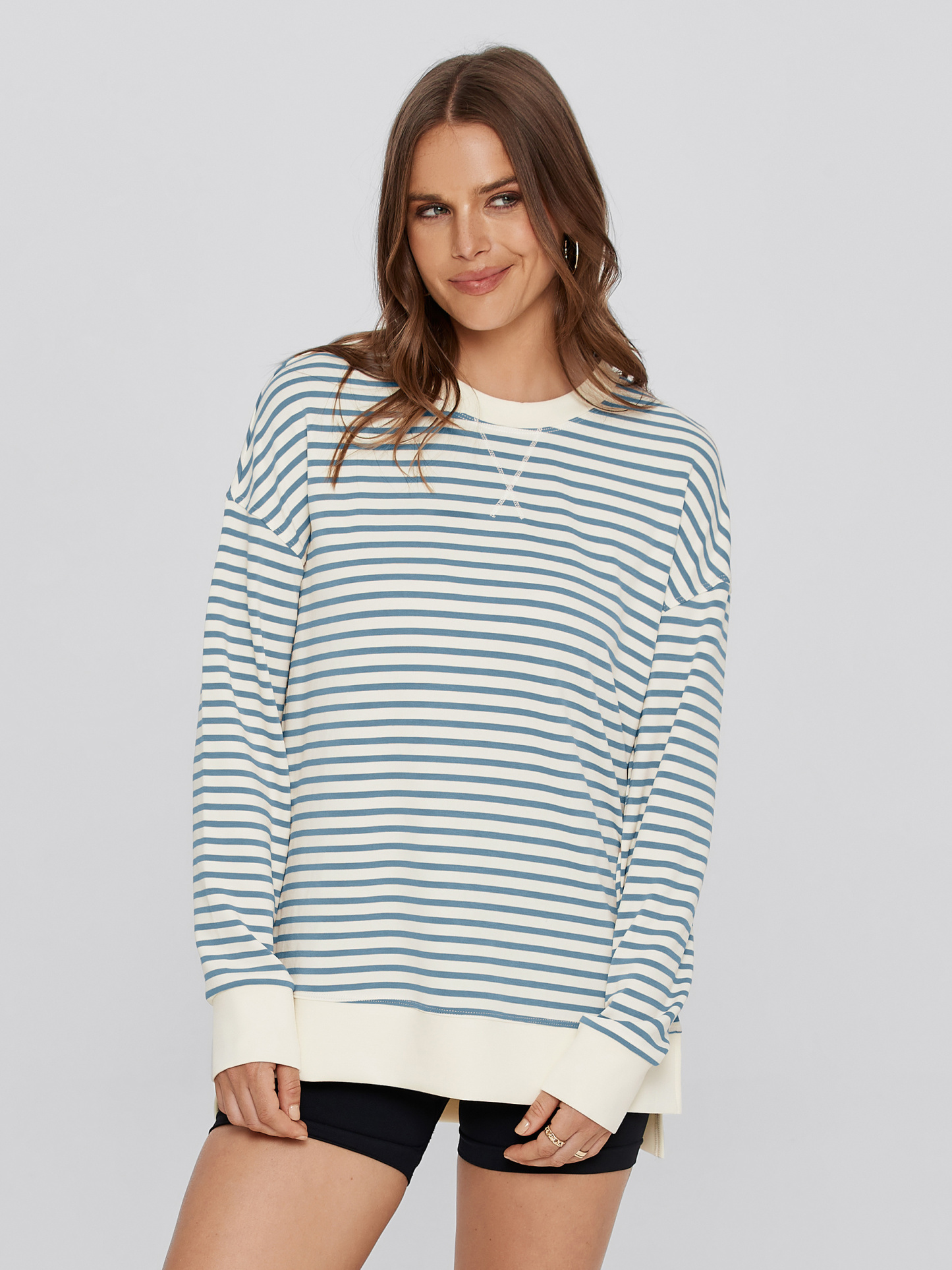 Crewneck Striped Pullover Sweatshirt - Striped-Grey Blue