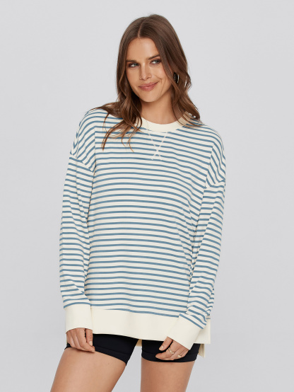 Crewneck Striped Pullover Sweatshirt - Striped-Grey Blue