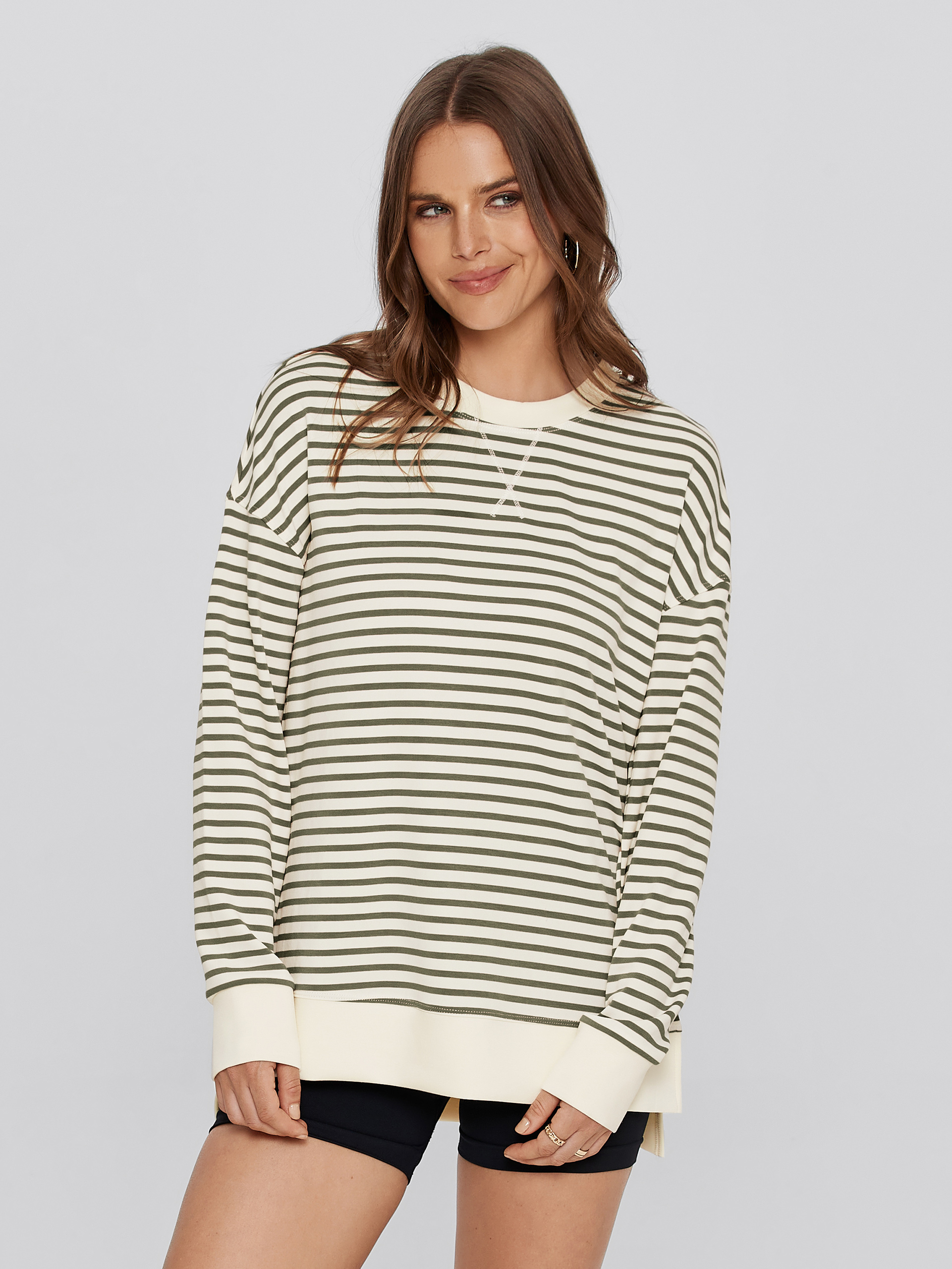 Crewneck Striped Pullover Sweatshirt - Striped-Army Green