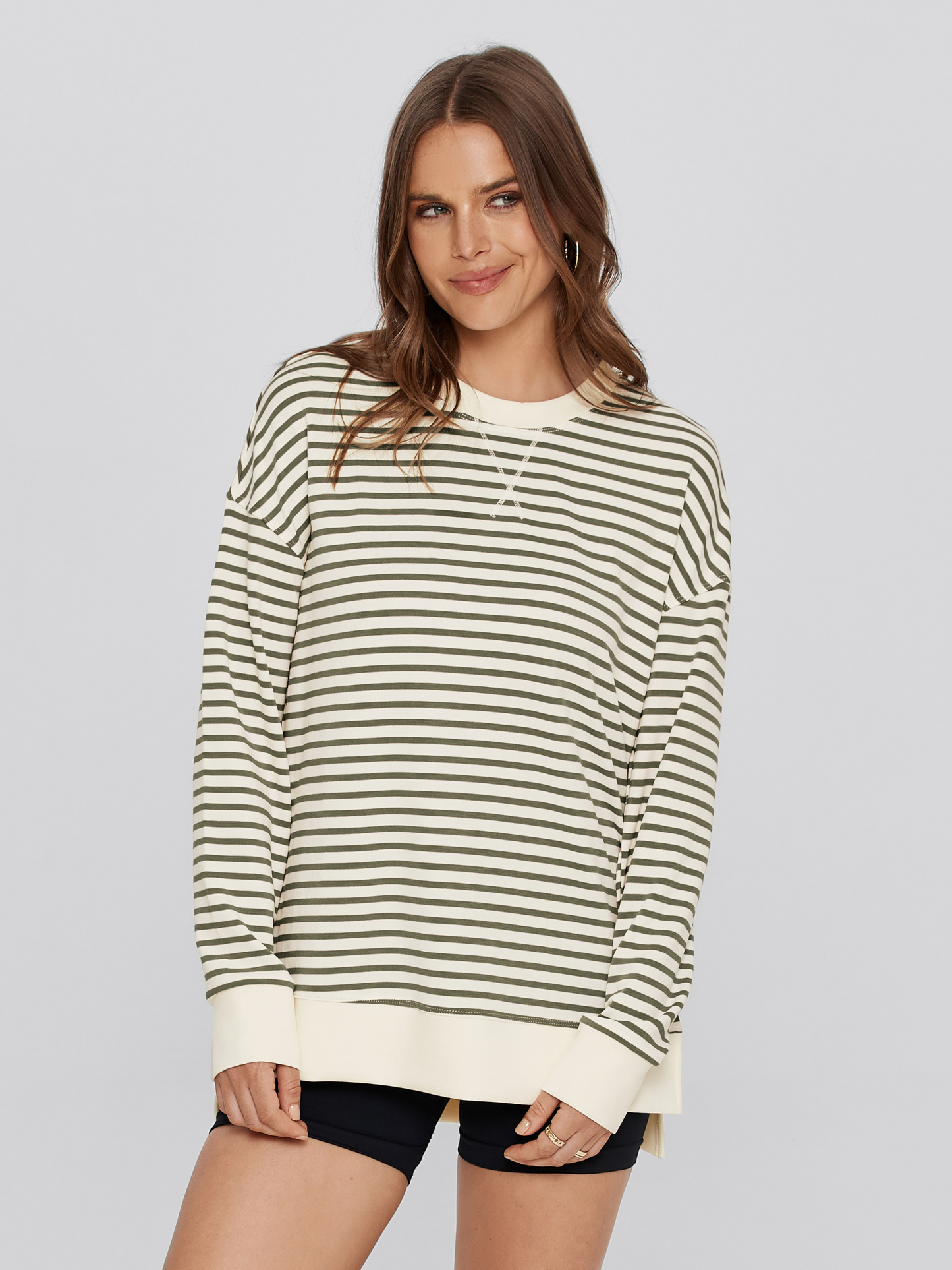 Crewneck Striped Pullover Sweatshirt - Striped-Army Green
