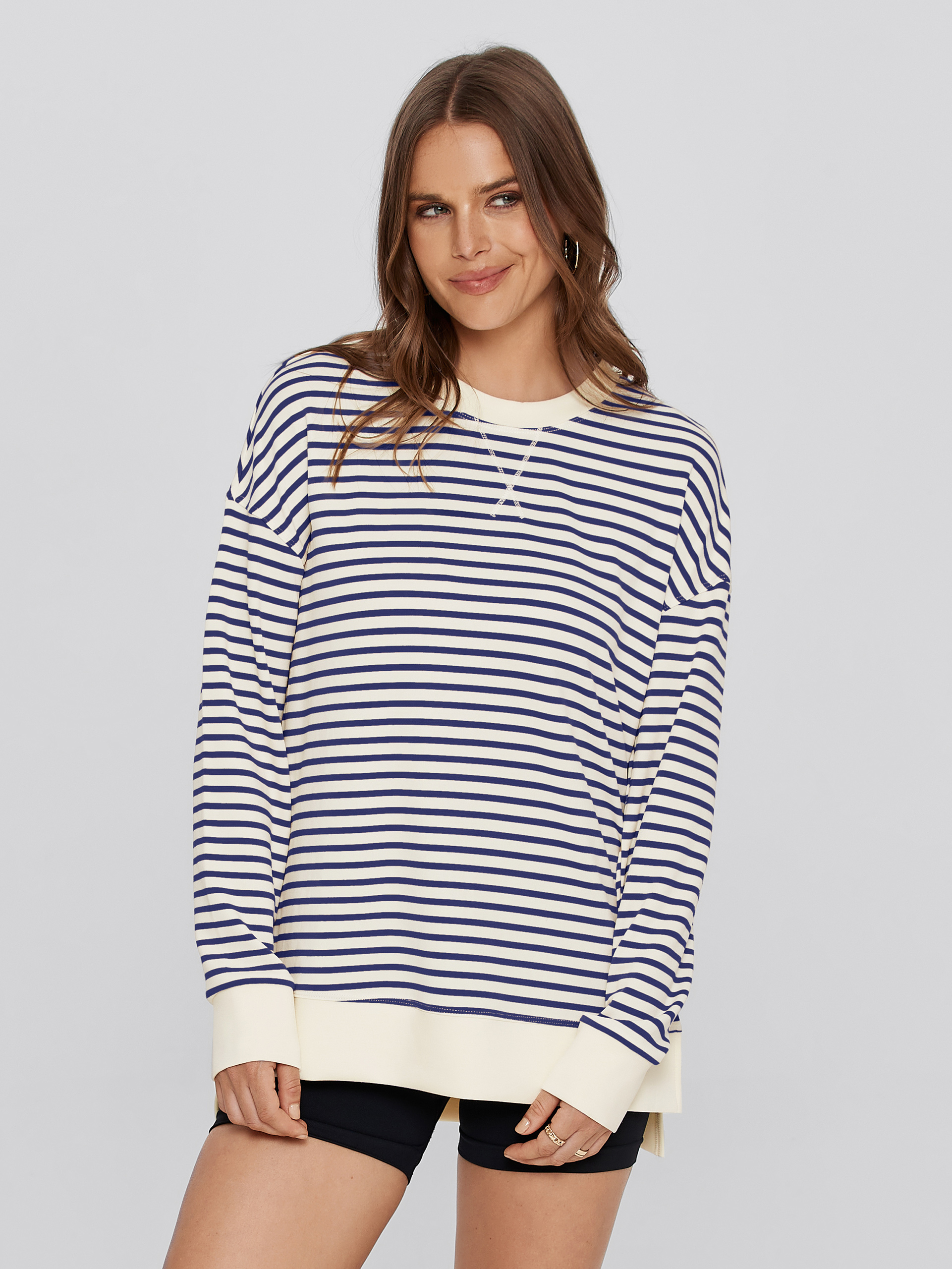 Crewneck Striped Pullover Sweatshirt - Striped-Navy Blue