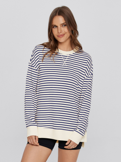 Crewneck Striped Pullover Sweatshirt - Striped-Navy Blue