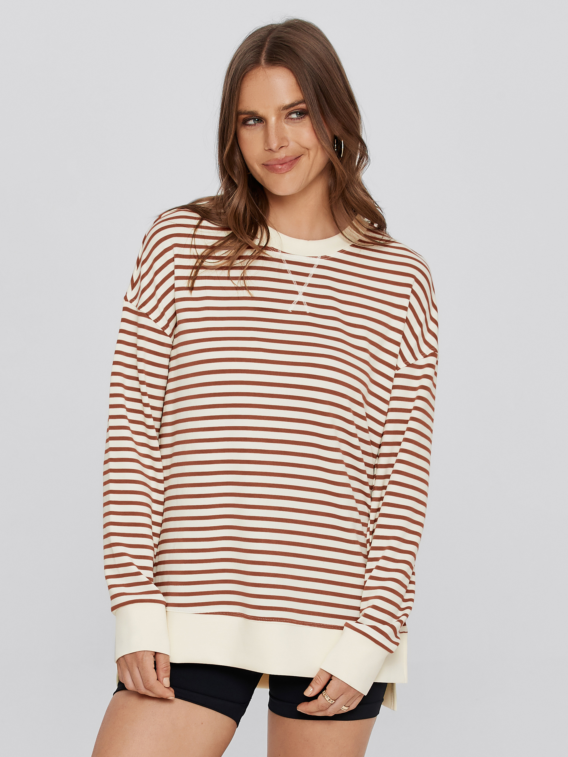 Crewneck Striped Pullover Sweatshirt - Striped-Orange