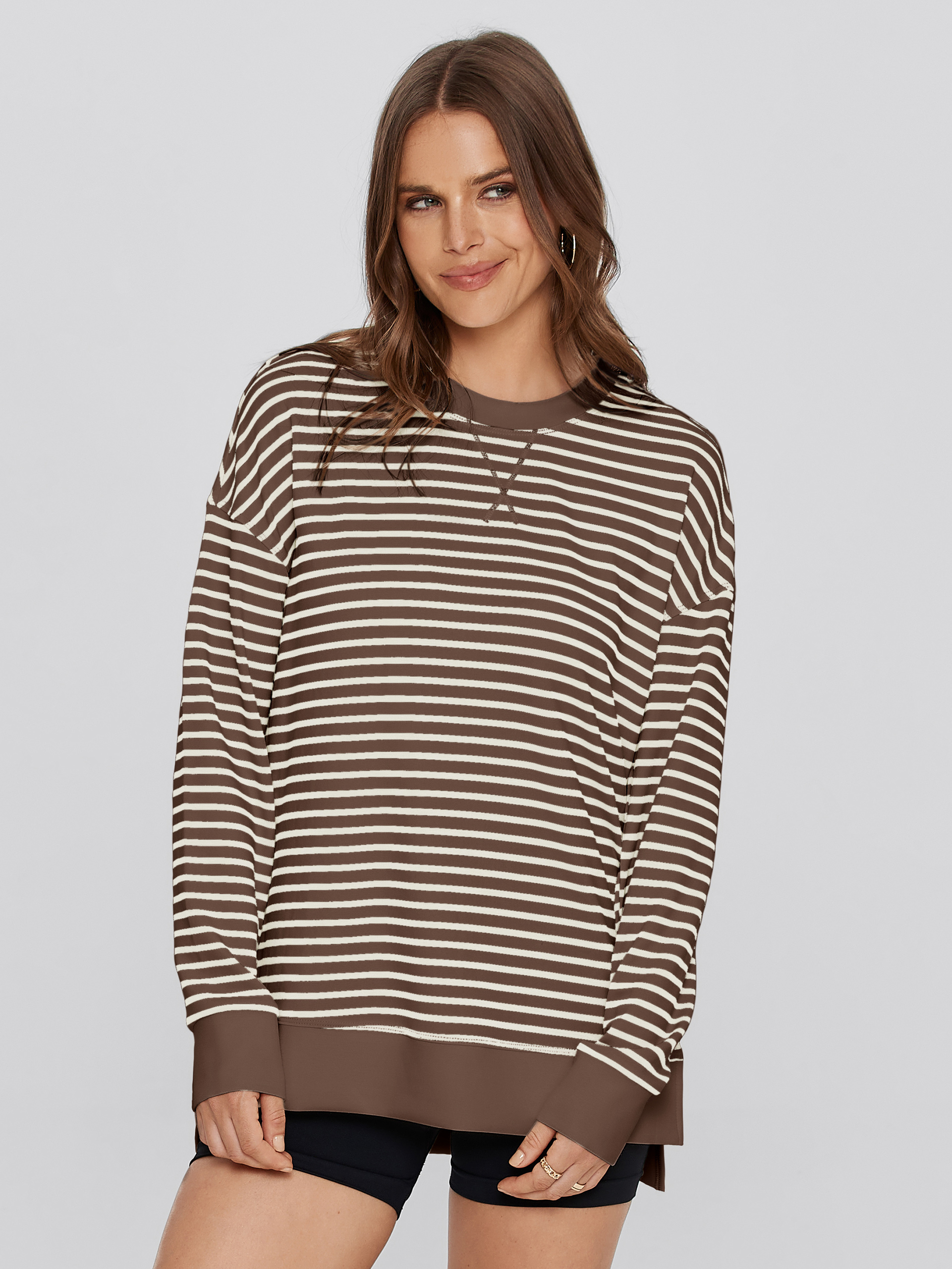 Crewneck Striped Pullover Sweatshirt - Striped-Chocolate Brown