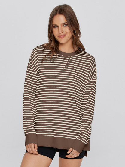 Crewneck Striped Pullover Sweatshirt - Striped-Chocolate Brown