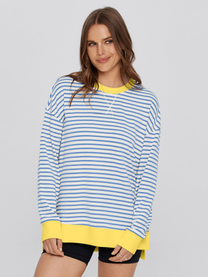 Crewneck Striped Pullover Sweatshirt - Striped-Blue Yellow