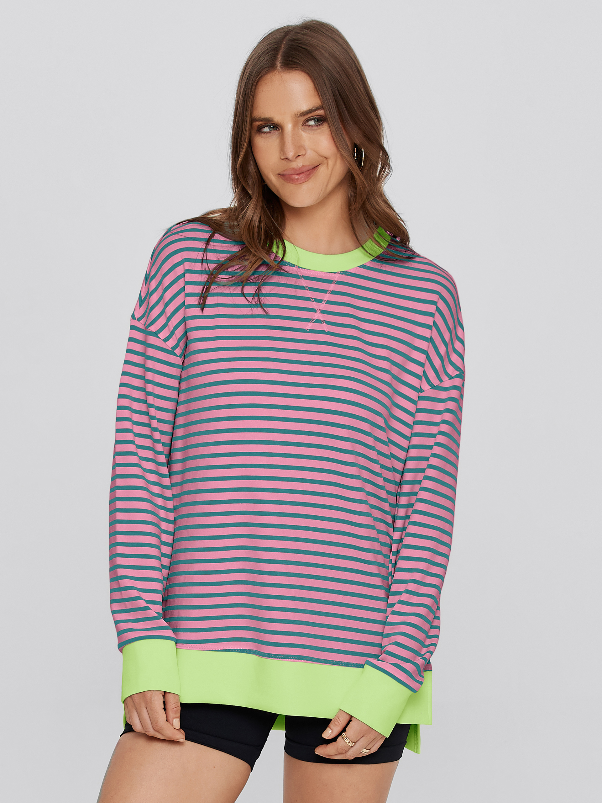 Crewneck Striped Pullover Sweatshirt - Striped-Pink Green