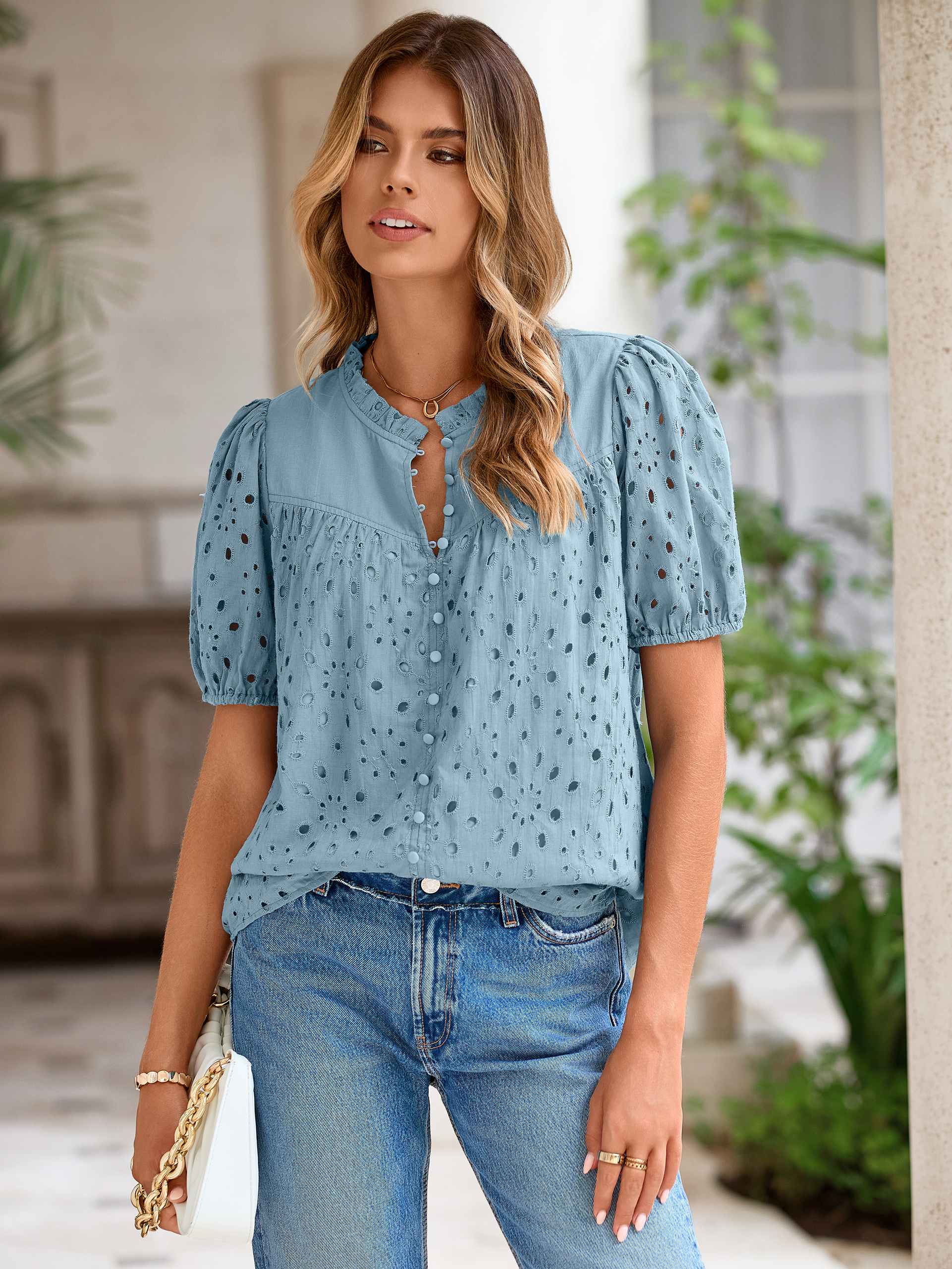 Hollow Out Puff Sleeve Cotton Lace Blouse