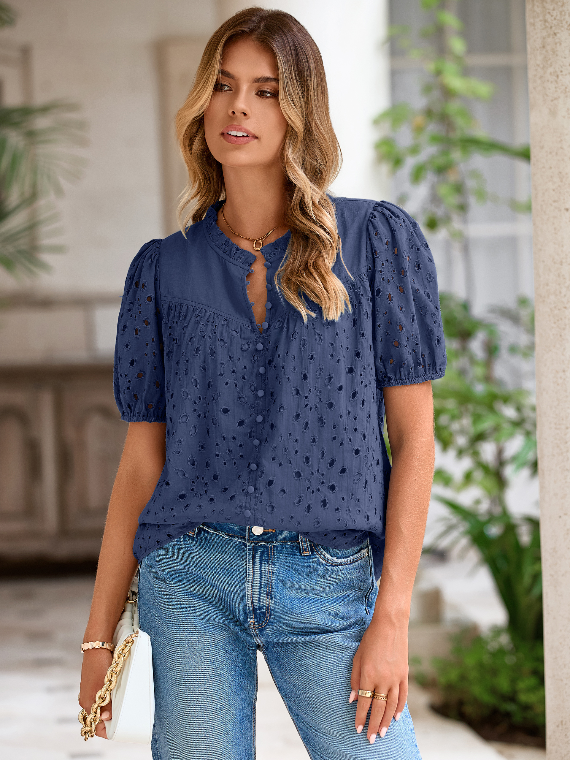 Hollow Out Puff Sleeve Cotton Lace Blouse