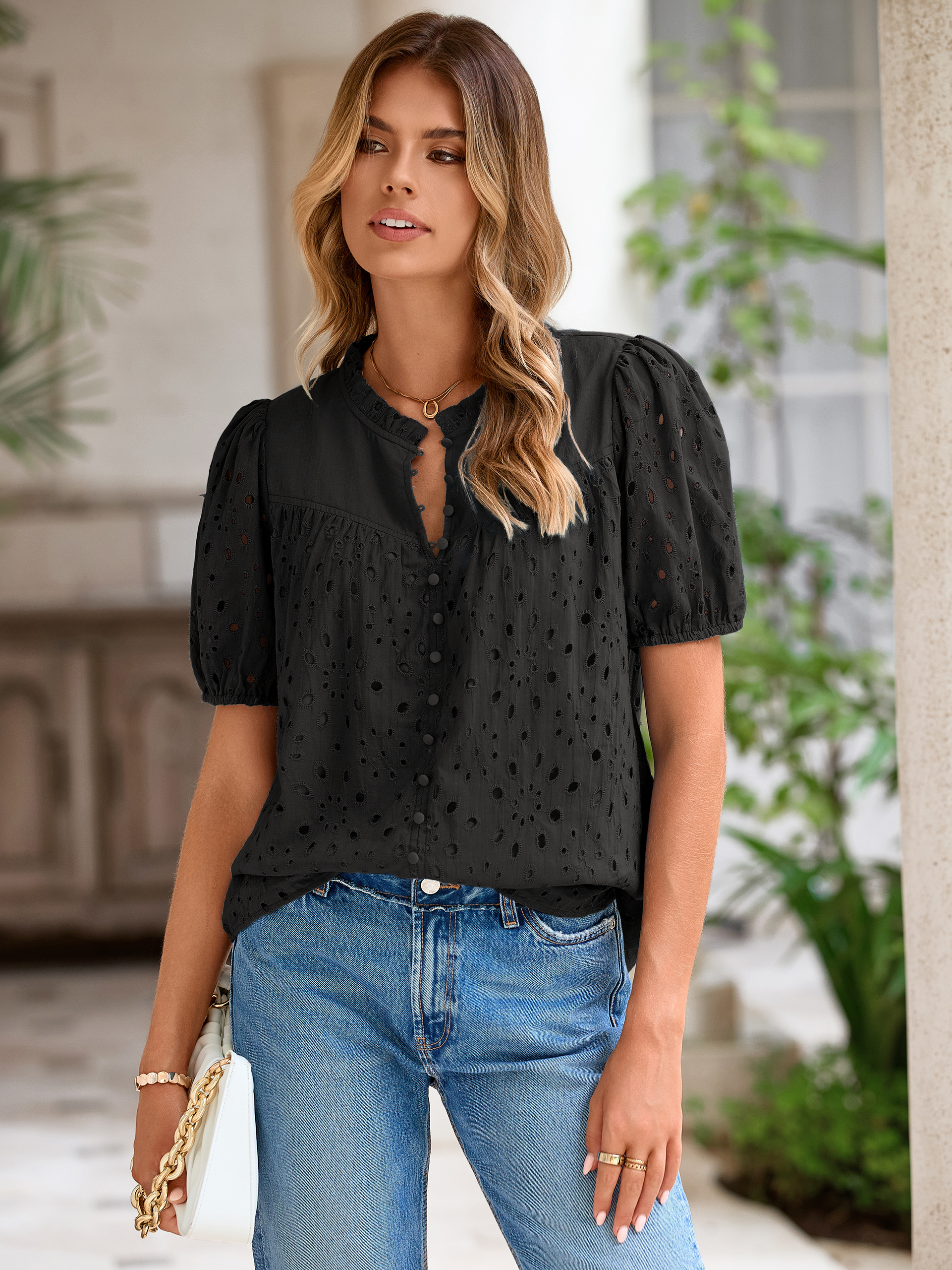 Hollow Out Puff Sleeve Cotton Lace Blouse