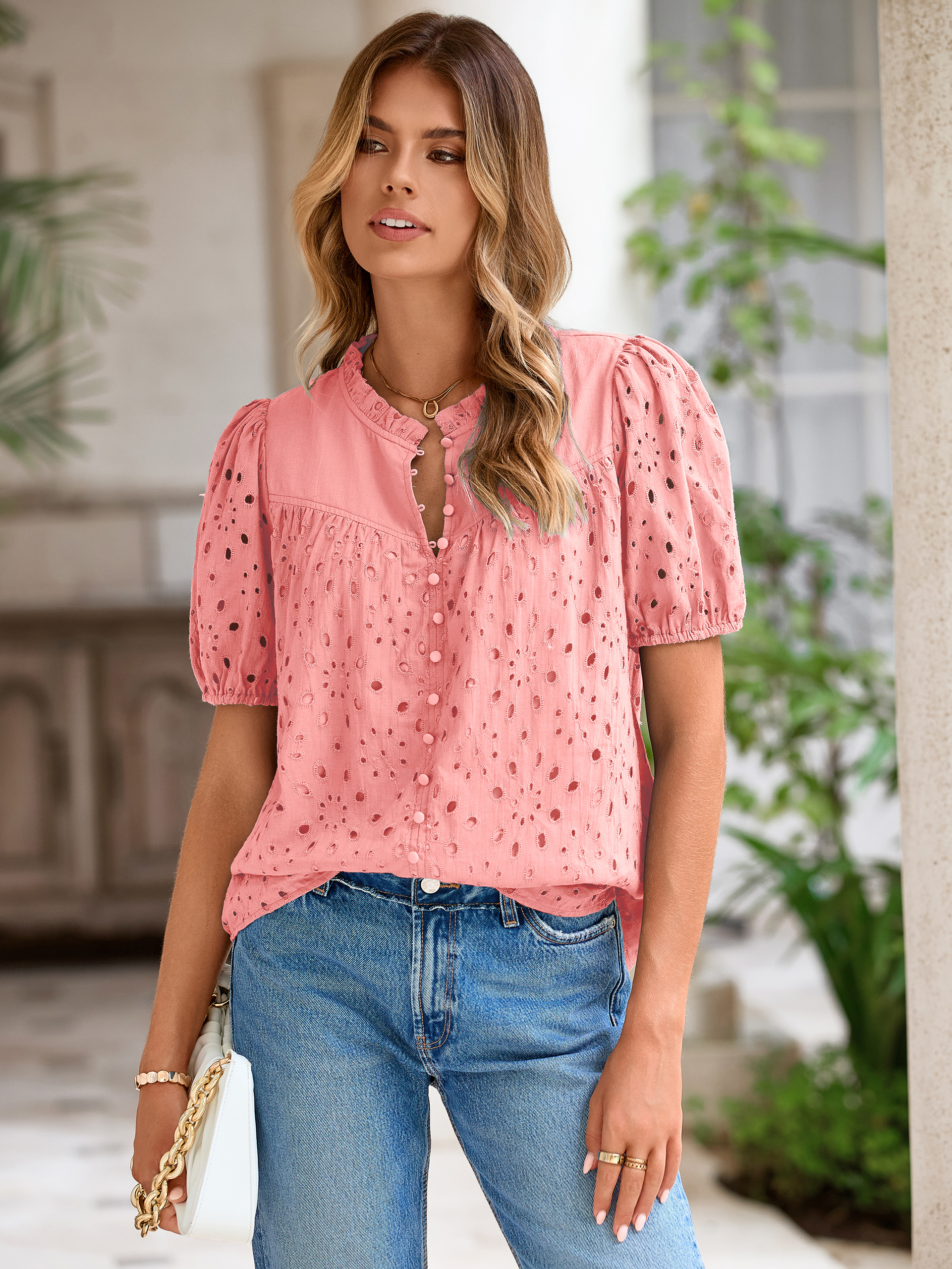 Hollow Out Puff Sleeve Cotton Lace Blouse