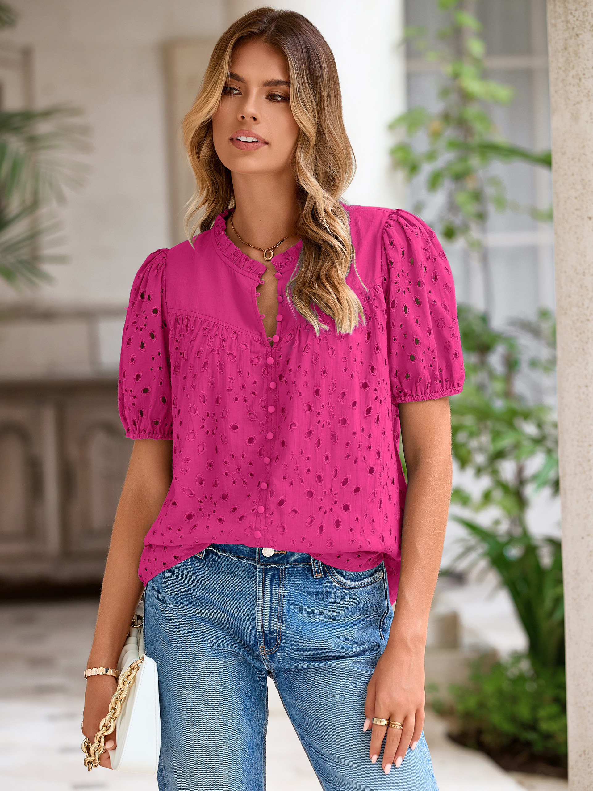 Hollow Out Puff Sleeve Cotton Lace Blouse