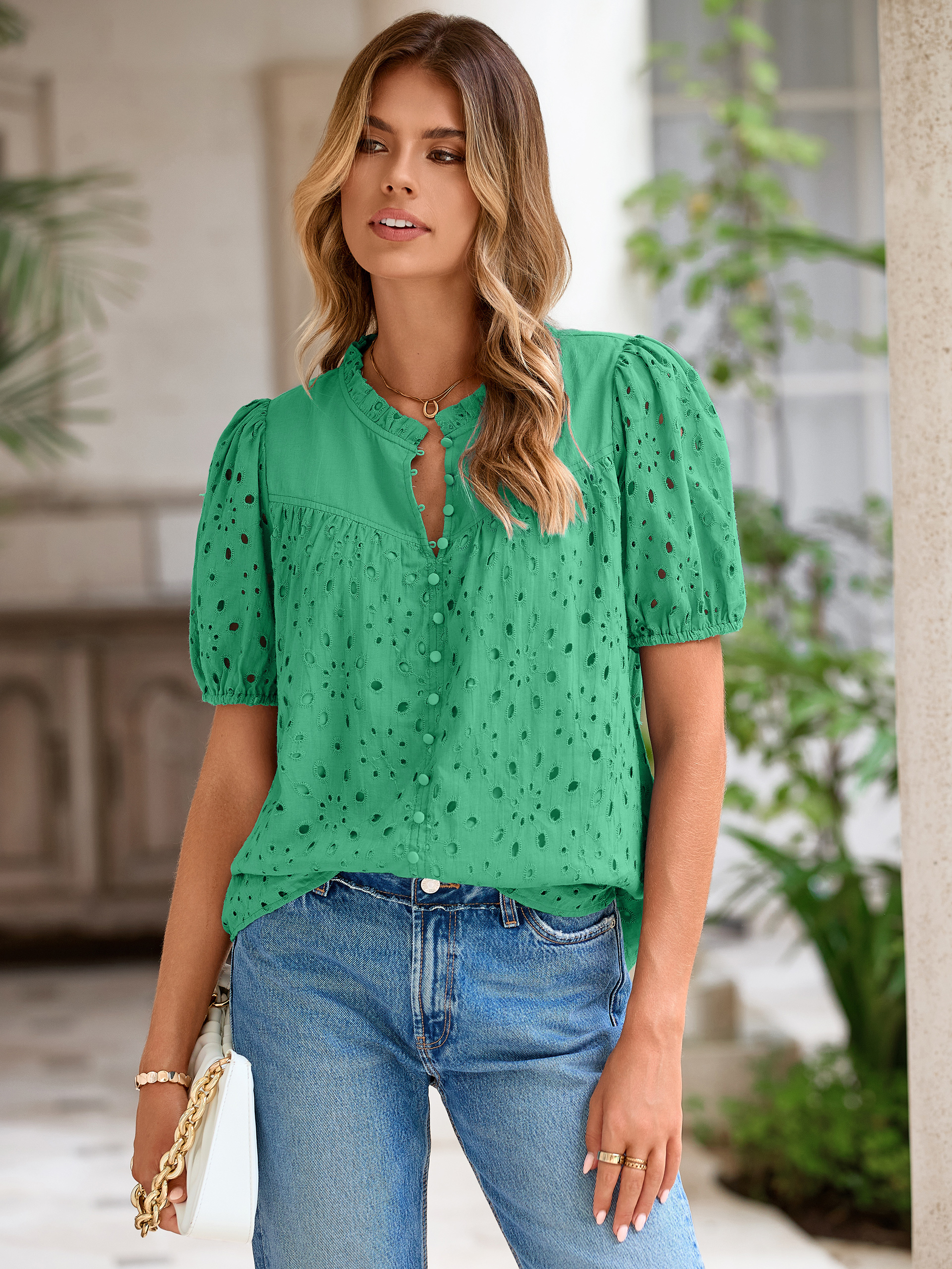 Hollow Out Puff Sleeve Cotton Lace Blouse