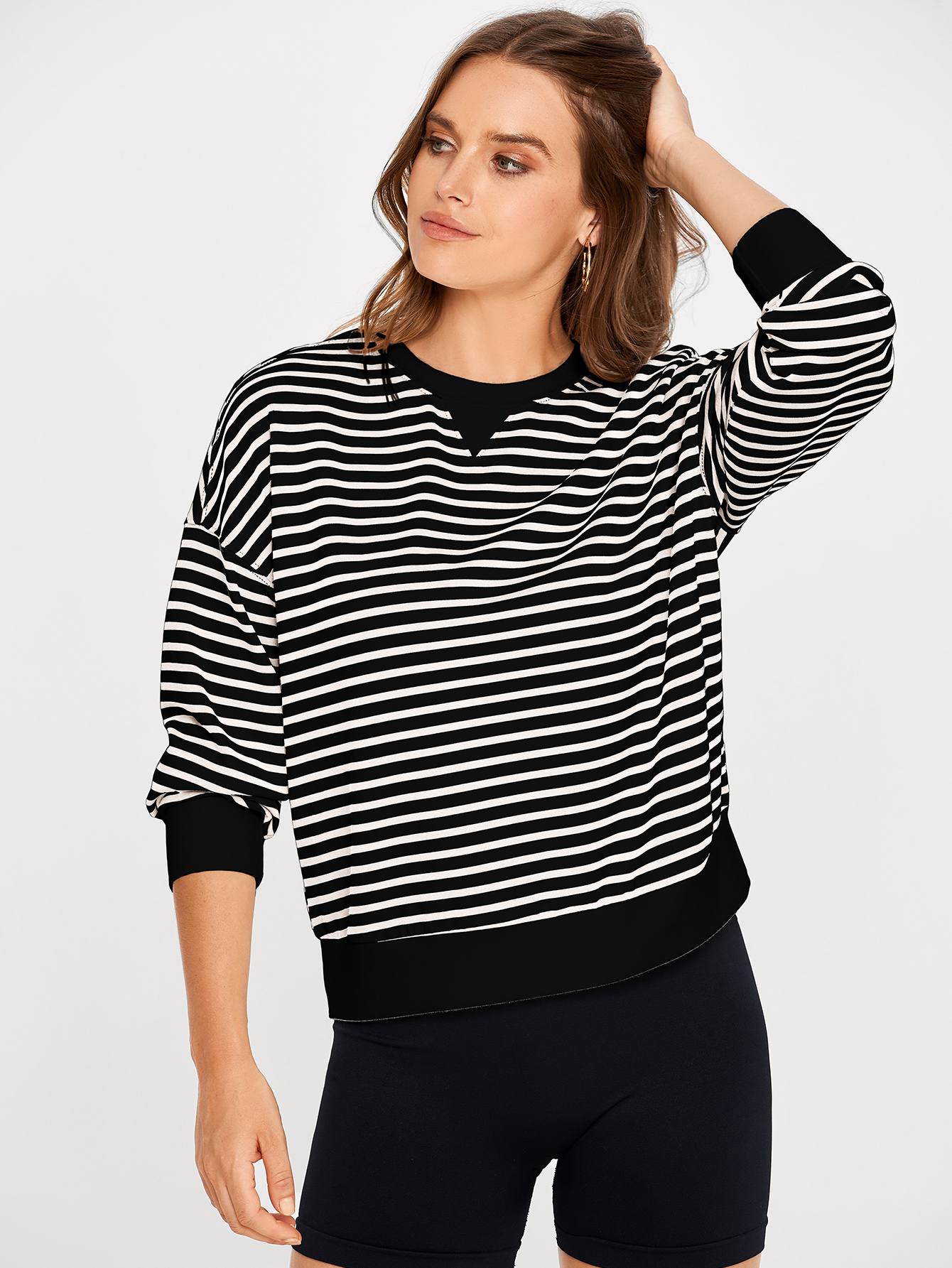 Classic Striped Crewneck Long Sleeve Crop Pullover