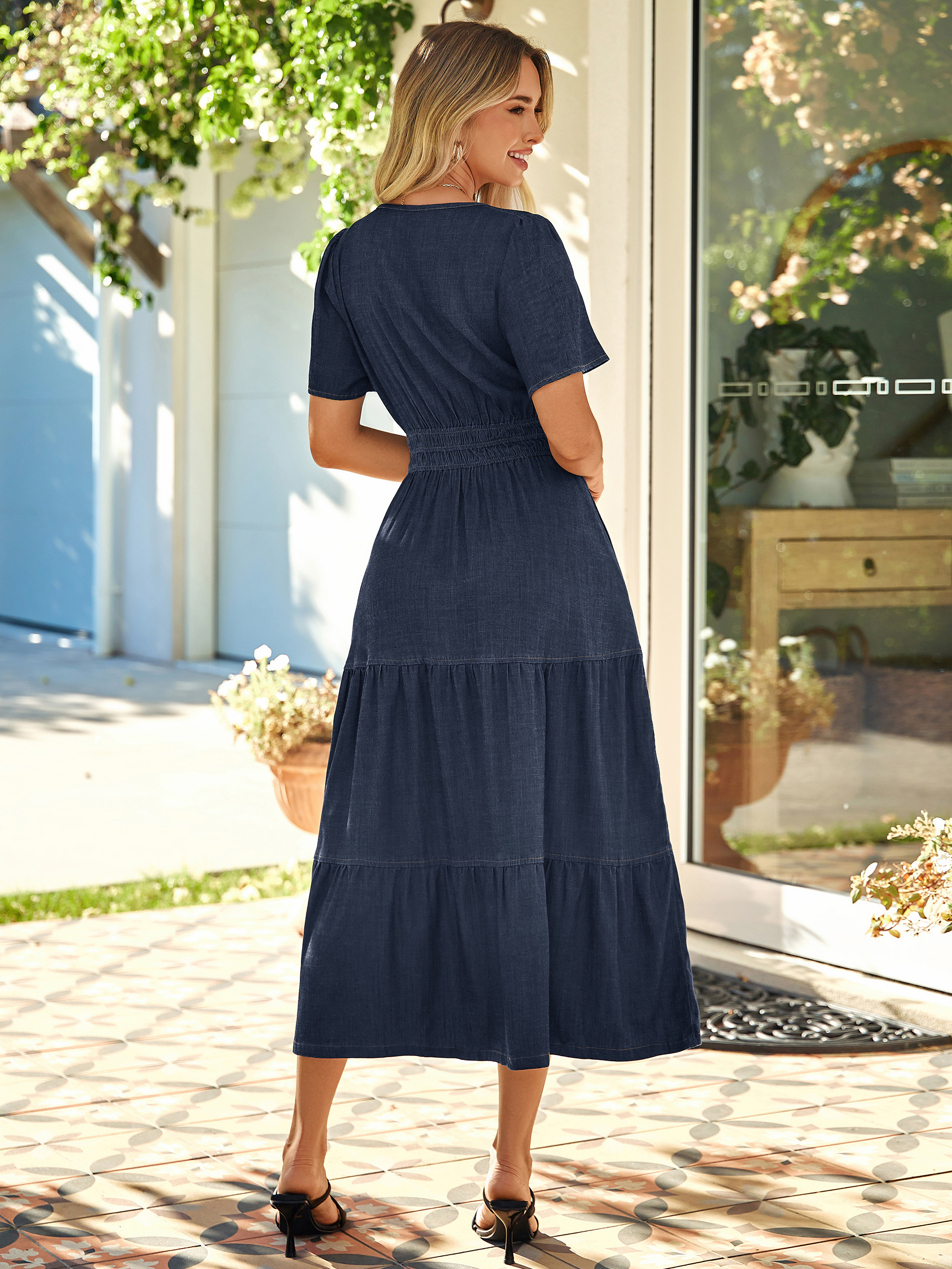 V Neck Smocked Waist Tiered Denim Maxi Dress