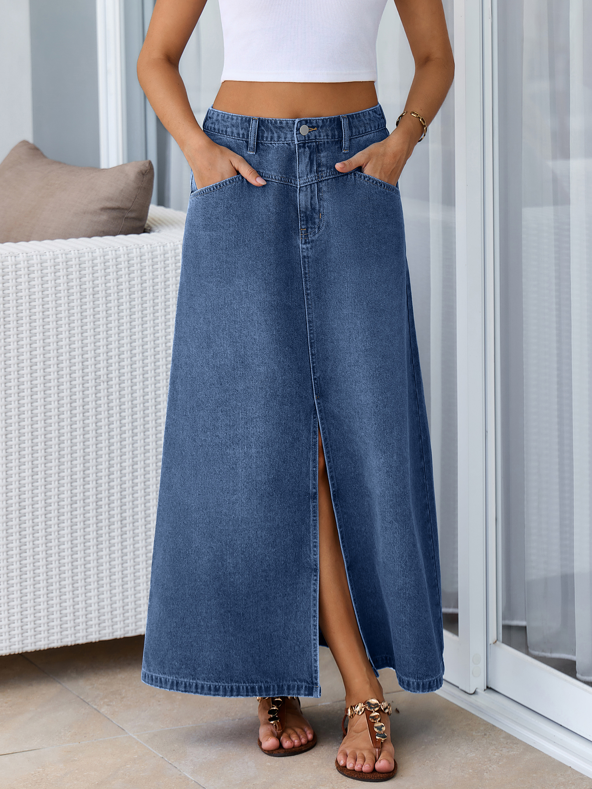 High Waisted Front Slit A-Line Denim Maxi Skirt