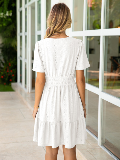 Embroidered Notch V Neck Tiered Ruffle Mini Dress - White