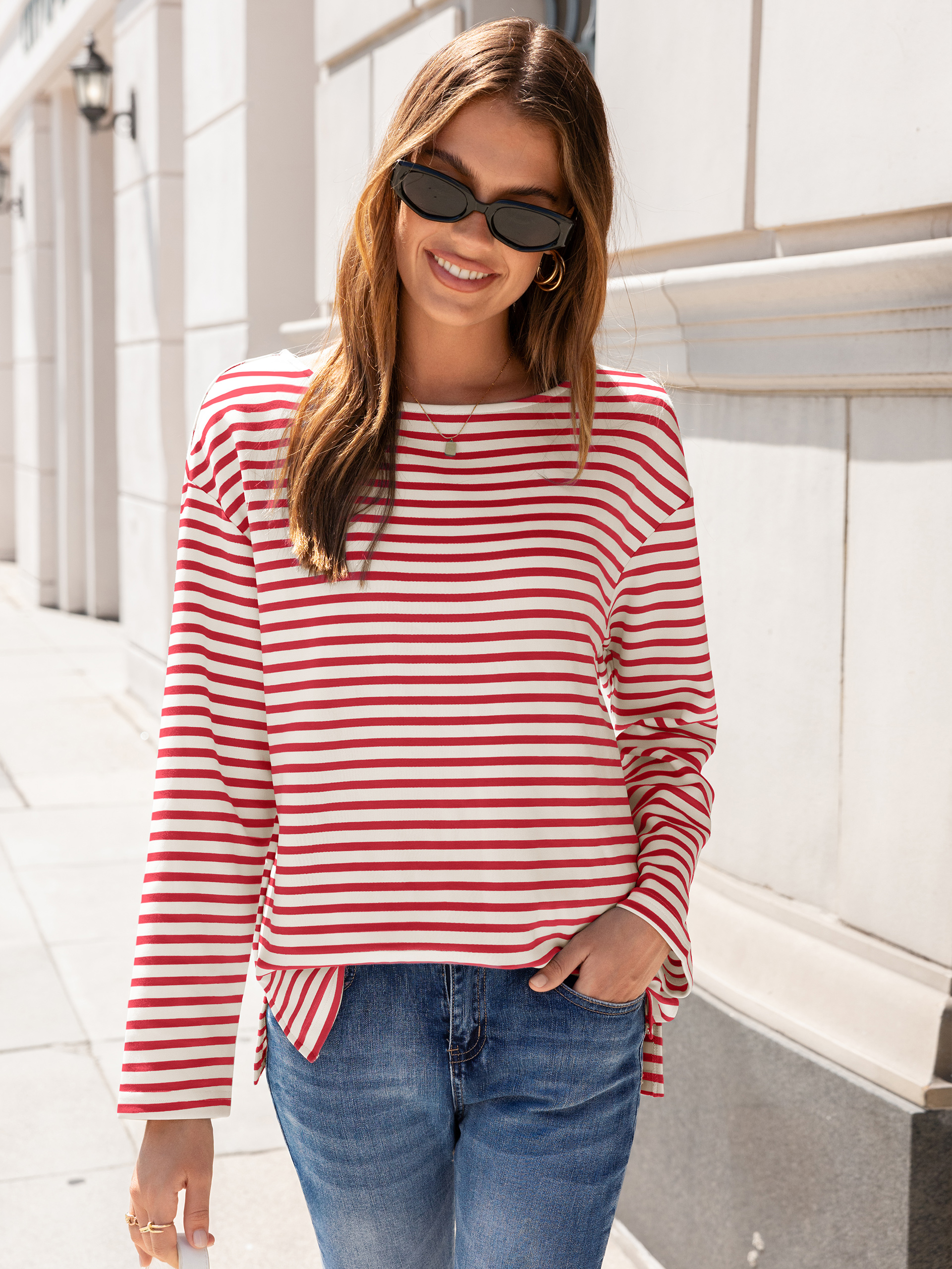 Boat Neck Striped Long Sleeve Tops