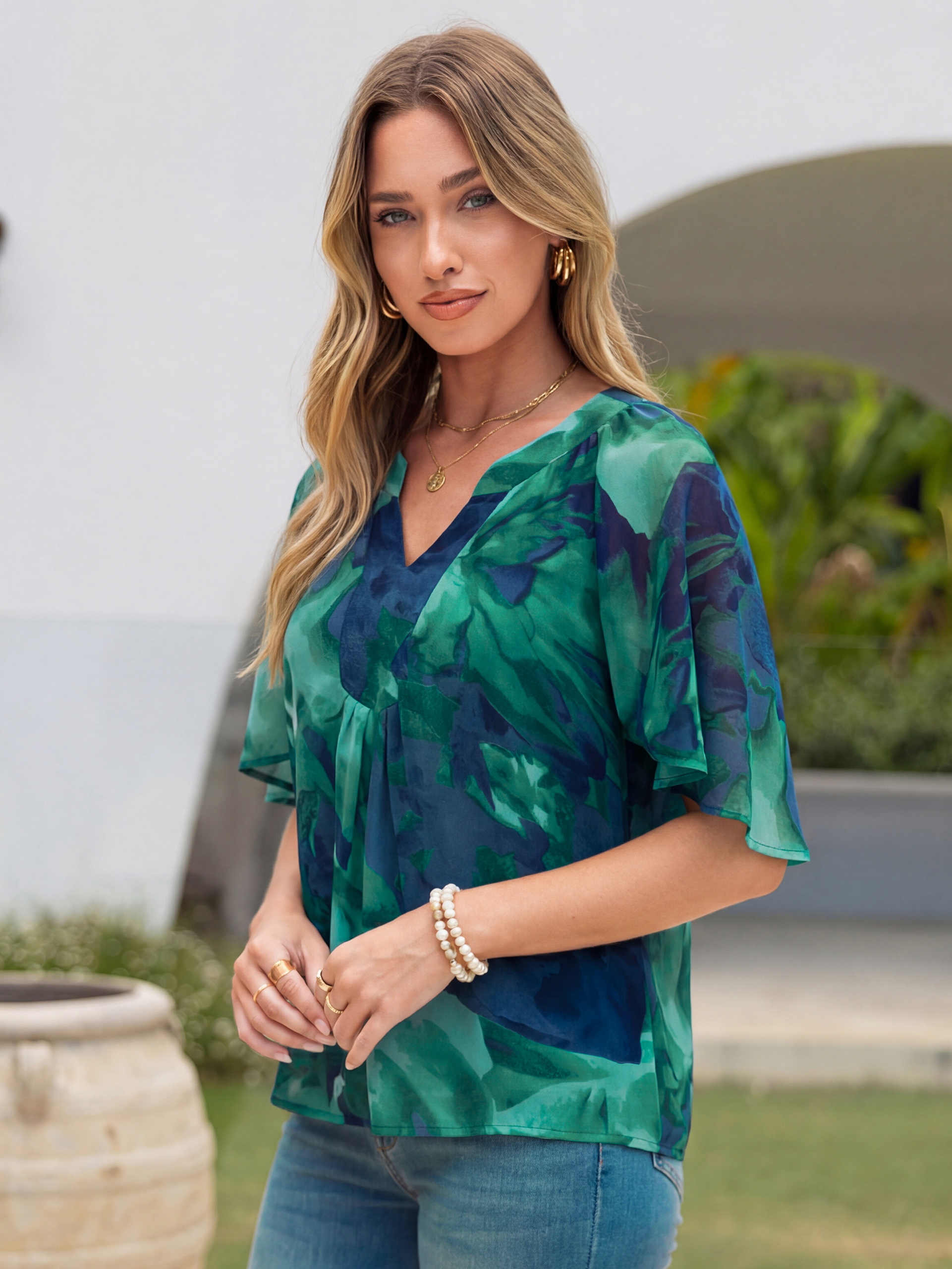 Floral V Neck Ruffle Sleeve Pleated Chiffon Blouse