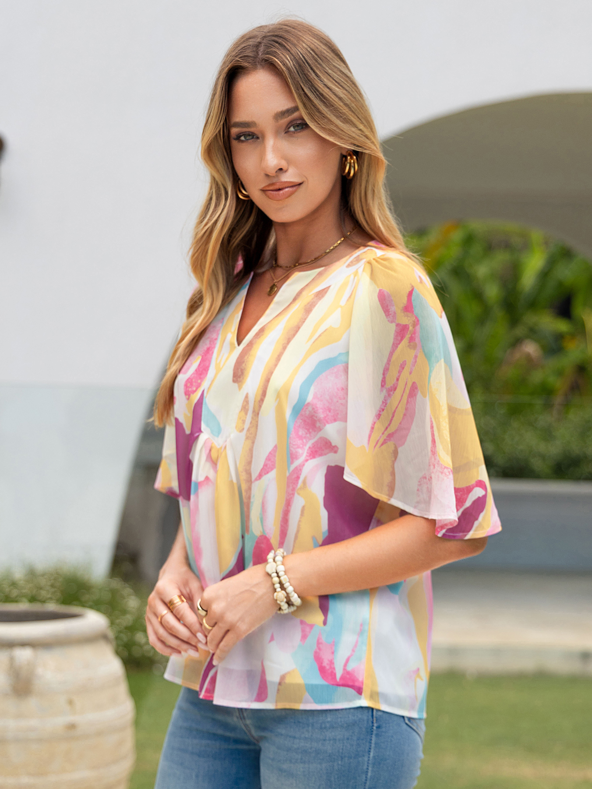 Floral V Neck Ruffle Sleeve Pleated Chiffon Blouse