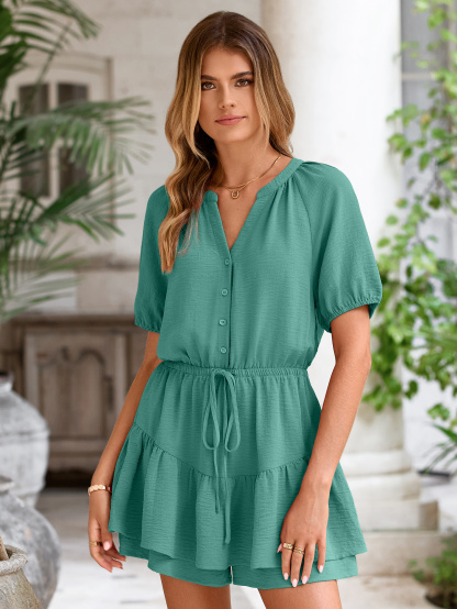 Ruffle V Neck Short Sleeve Tie Waist Romper - Teal