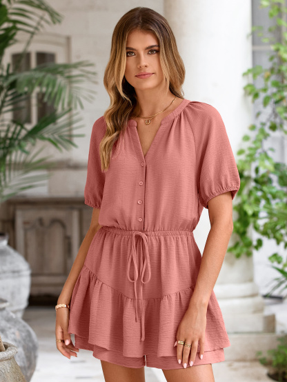 Ruffle V Neck Short Sleeve Tie Waist Romper - Rust