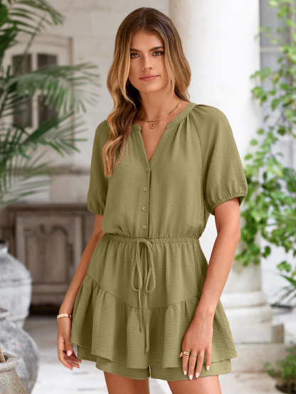 Ruffle V Neck Short Sleeve Tie Waist Romper - Army Green
