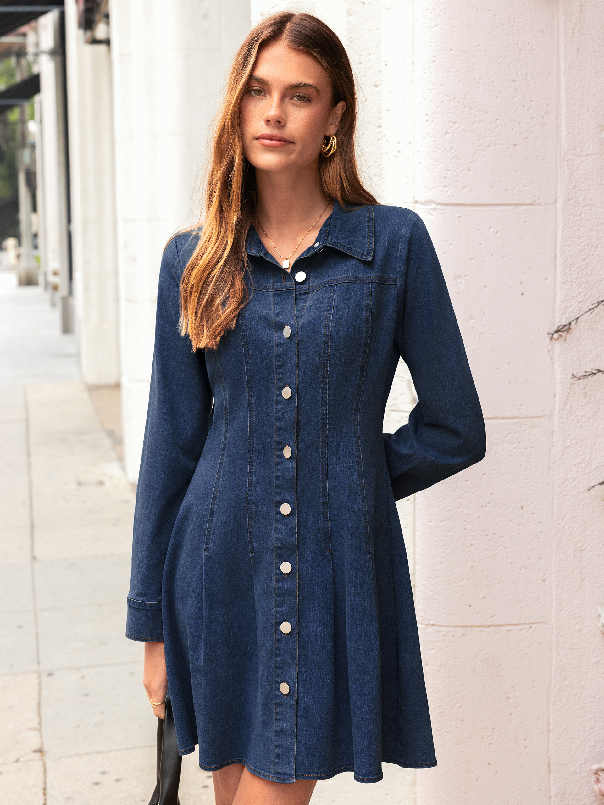 Button Front Stretch Denim Mini Shirt Dress