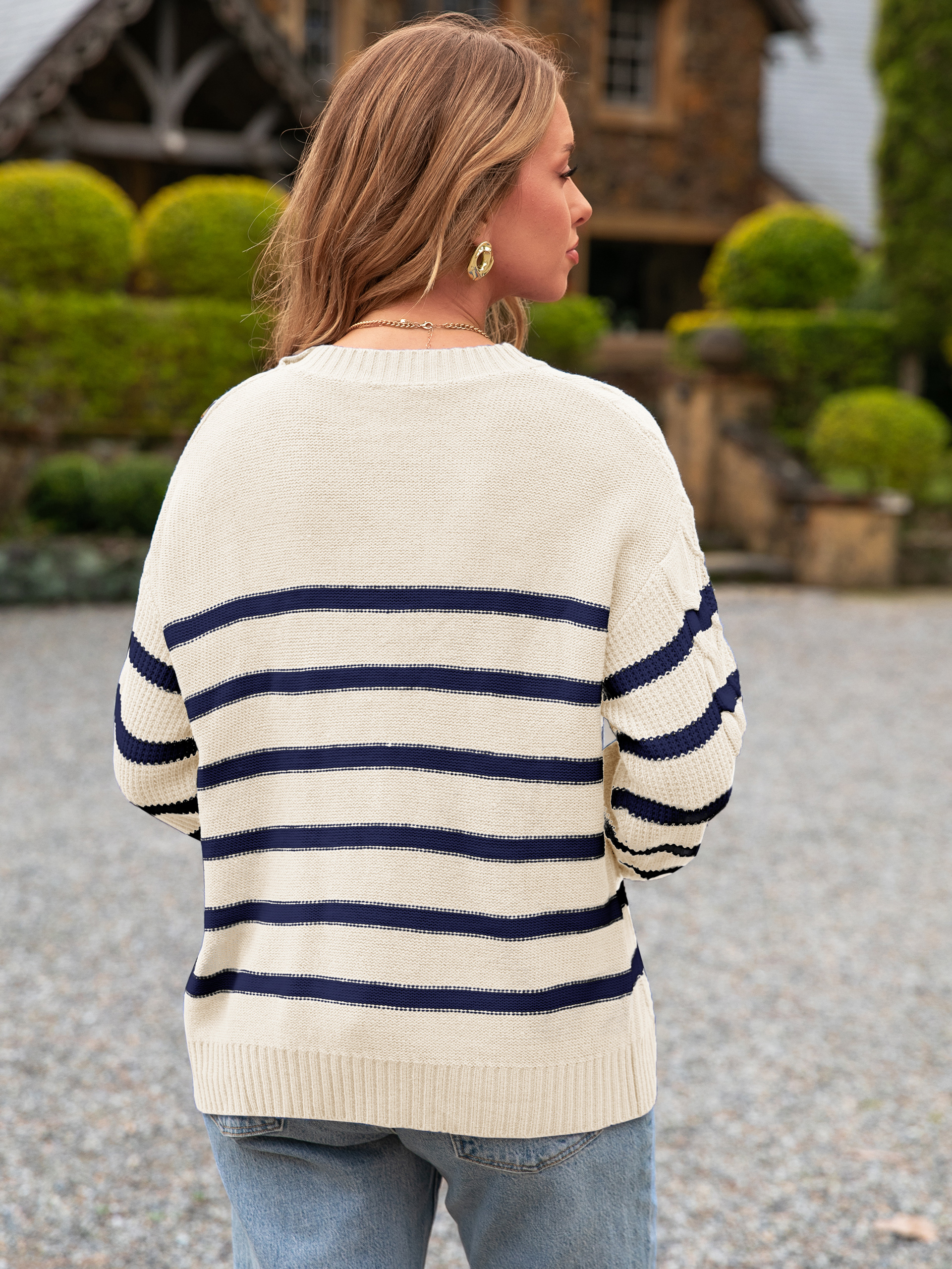 Chunky Striped Cable Knit Crewneck Sweater - Beige