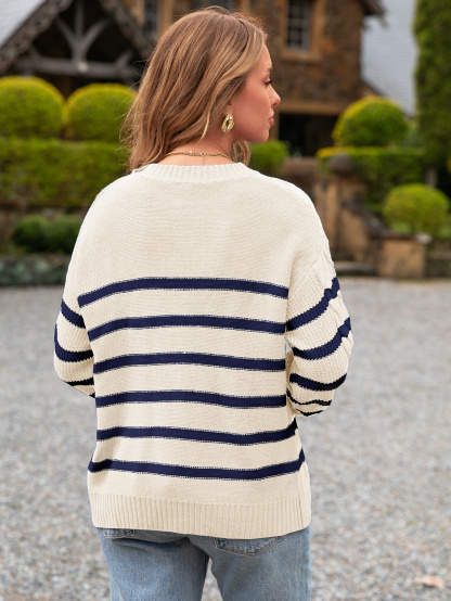 Chunky Striped Cable Knit Crewneck Sweater - Beige