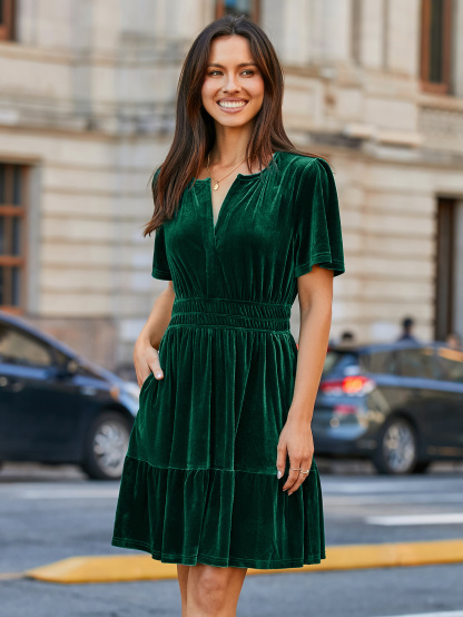 Glossy Velvet Cocktail Mini Dresses with Pockets - Green