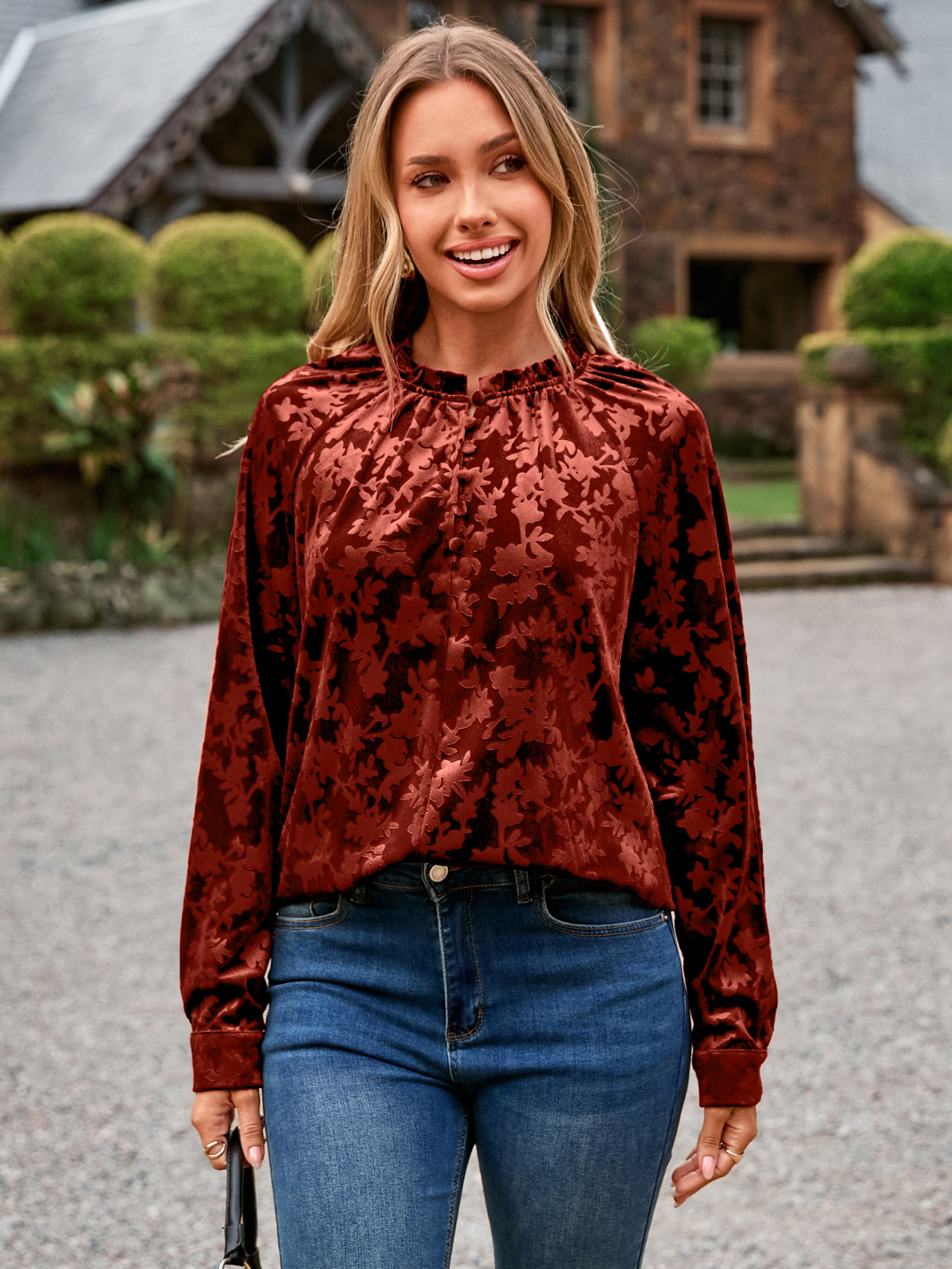Velvet Button Down Long Sleeve Dressy Casual Blouse - Earthly Orange