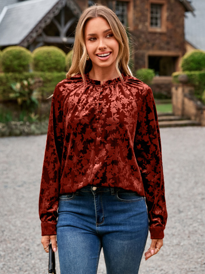 Velvet Button Down Long Sleeve Dressy Casual Blouse - Earthly Orange