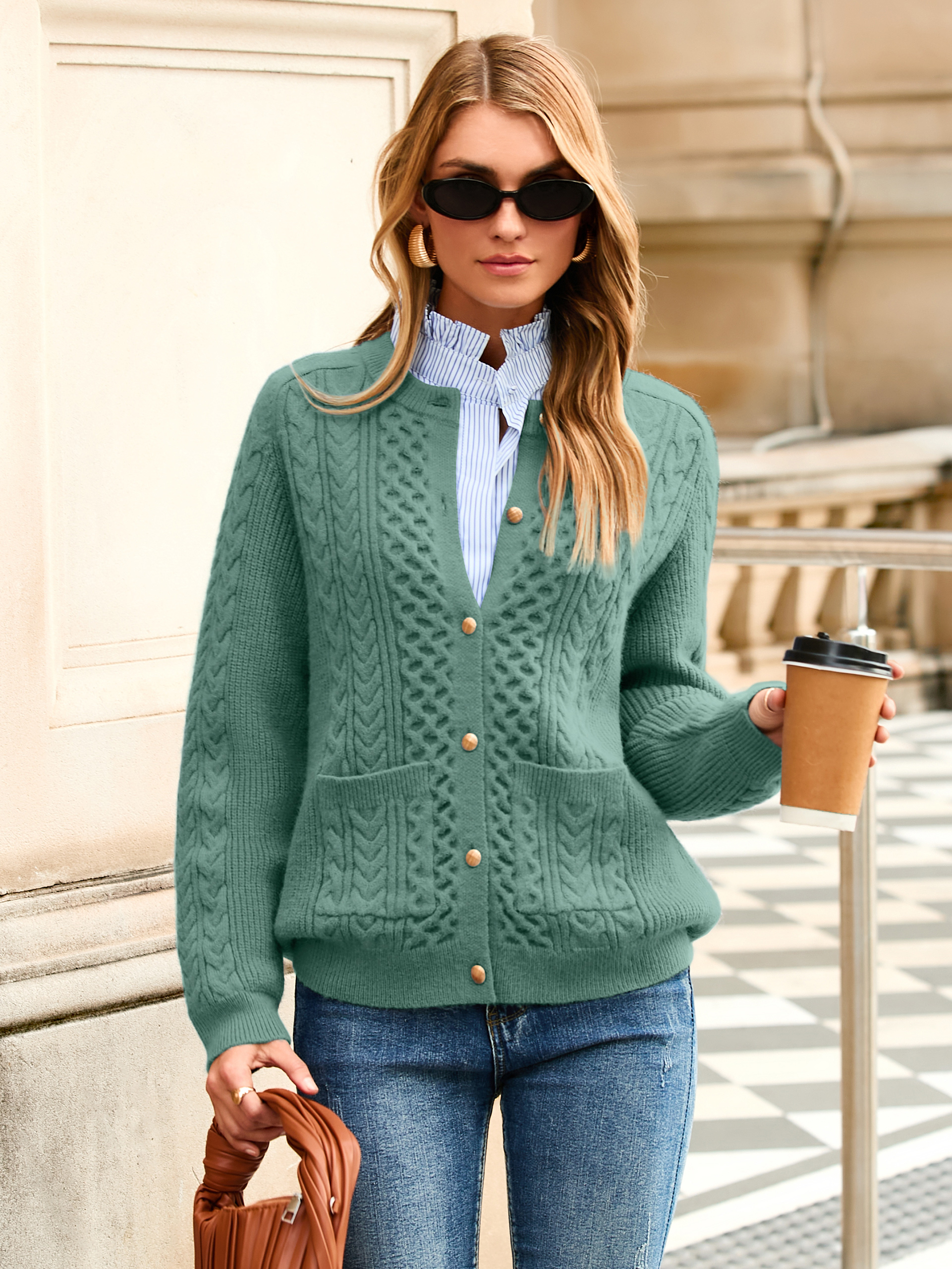 Long Sleeve Crew Neck Chunky Cable Knit Cardigan - Lake Green