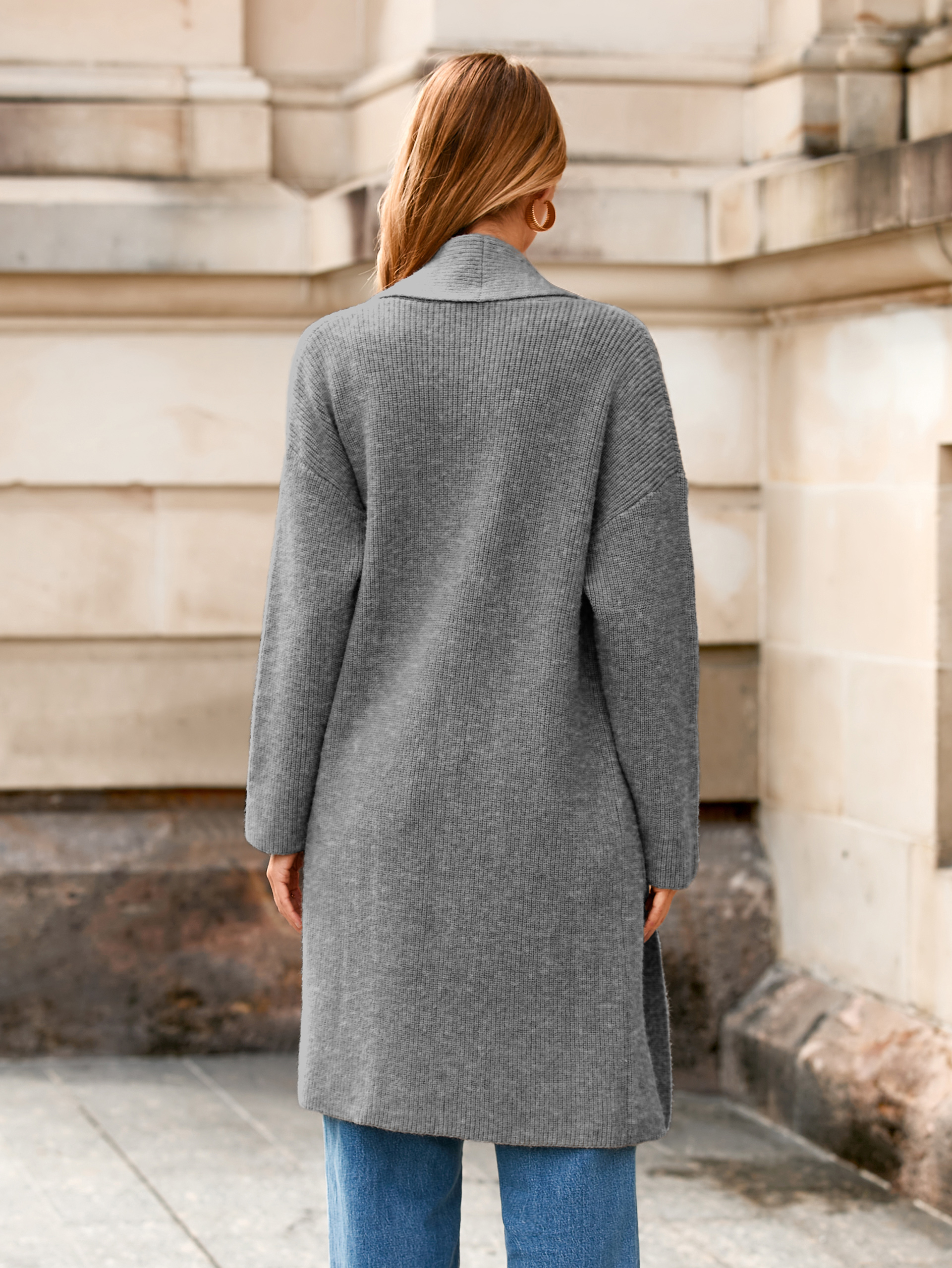 Oversized Open Front Long Knit Cardigan Coat - Gray