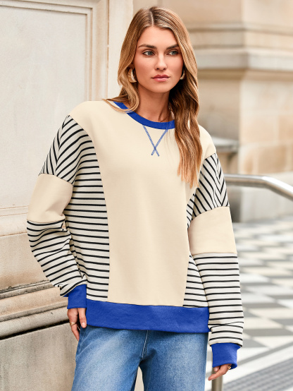 Striped Color Block Crewneck Drop Shoulder Sweatshirt - Blue Stripes