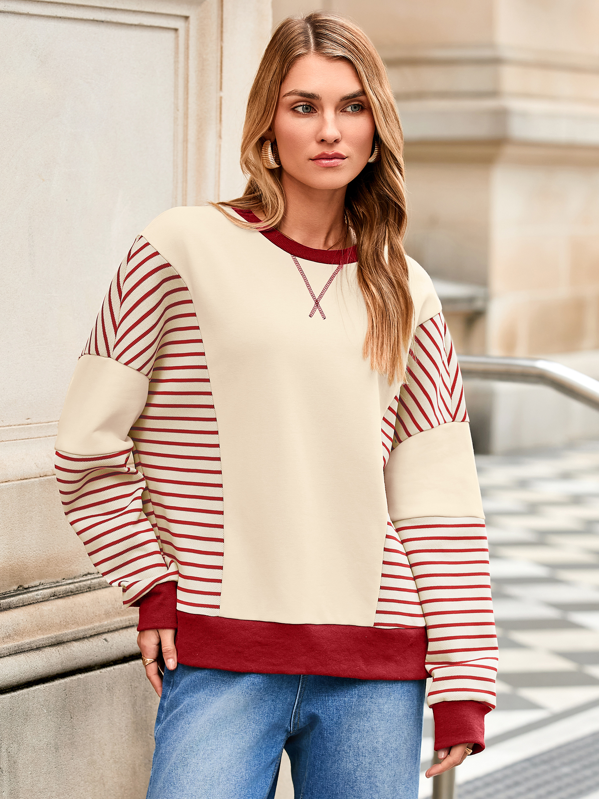 Striped Color Block Crewneck Drop Shoulder Sweatshirt - Red Stripes