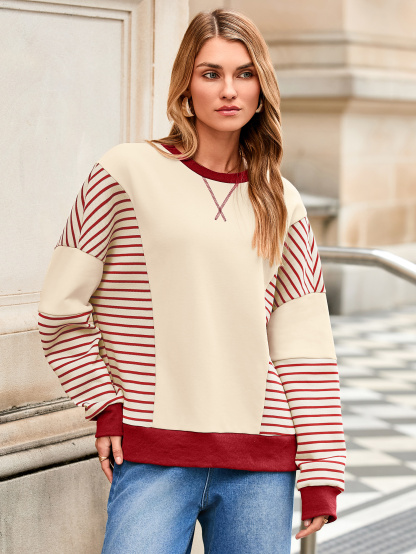 Striped Color Block Crewneck Drop Shoulder Sweatshirt - Red Stripes
