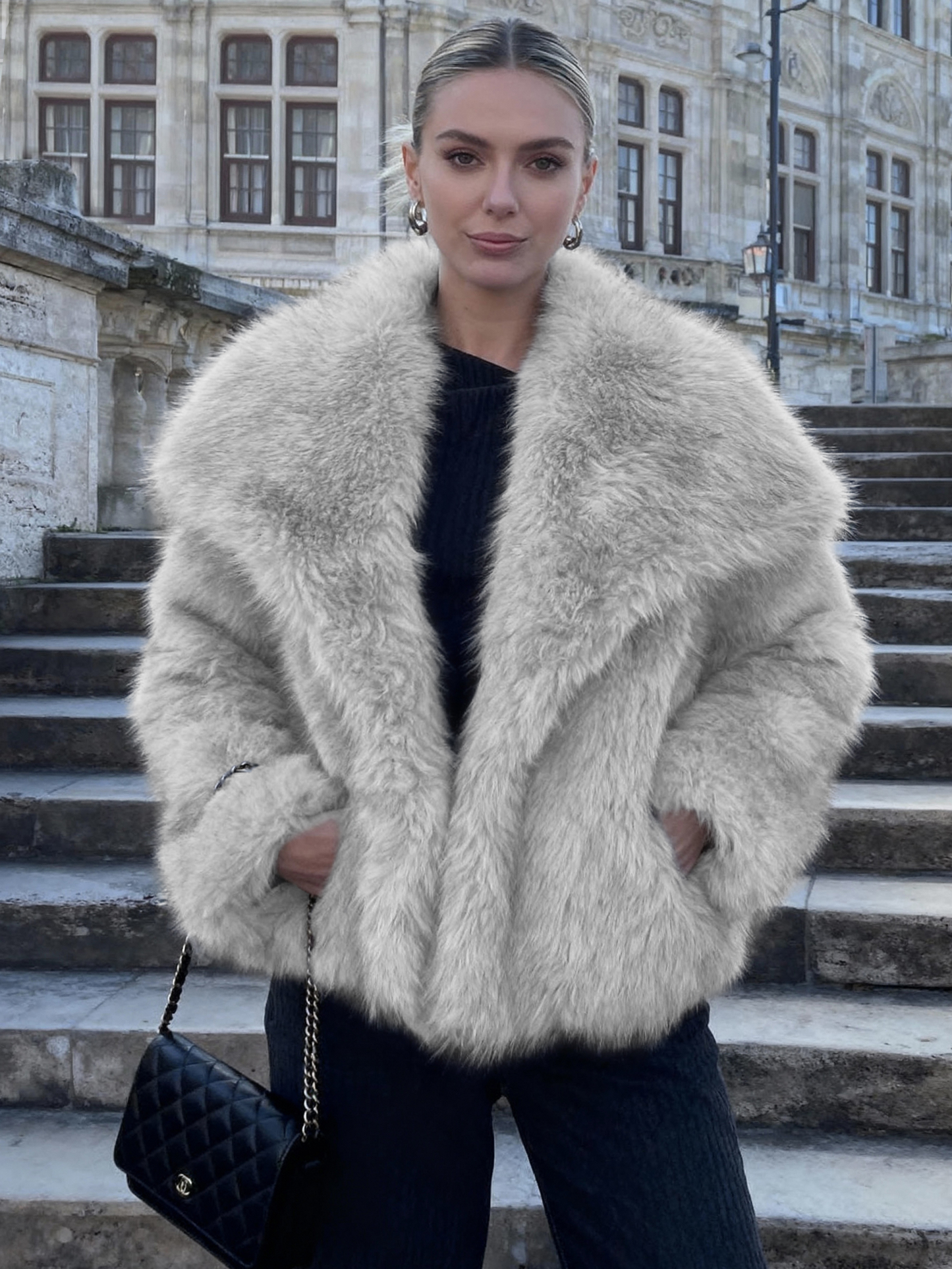 Luxurious Faux Fur Short Coat with Shawl Collar - Grey