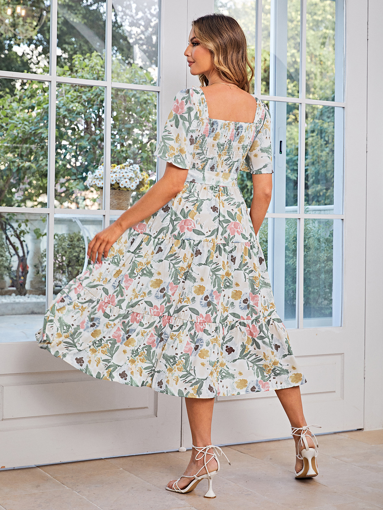 Floral Smocked Square Neck Short Sleeve Midi Dress