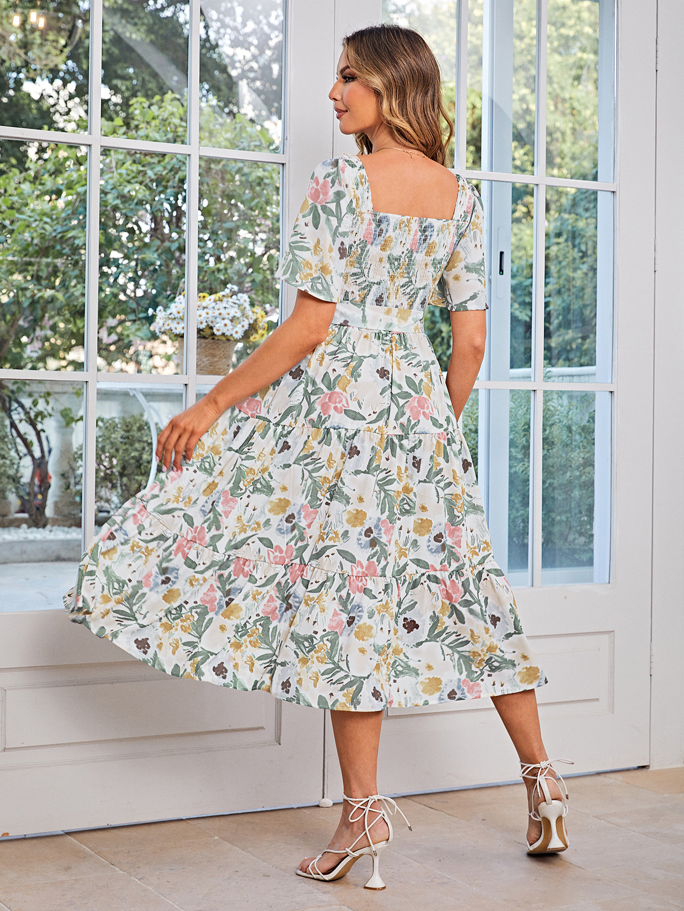 Floral Smocked Square Neck Short Sleeve Midi Dress