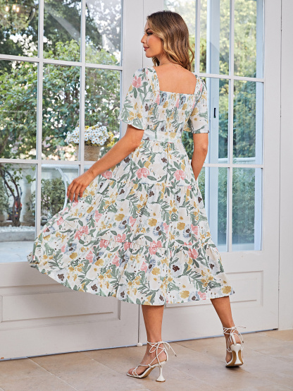 Floral Smocked Square Neck Short Sleeve Midi Dress